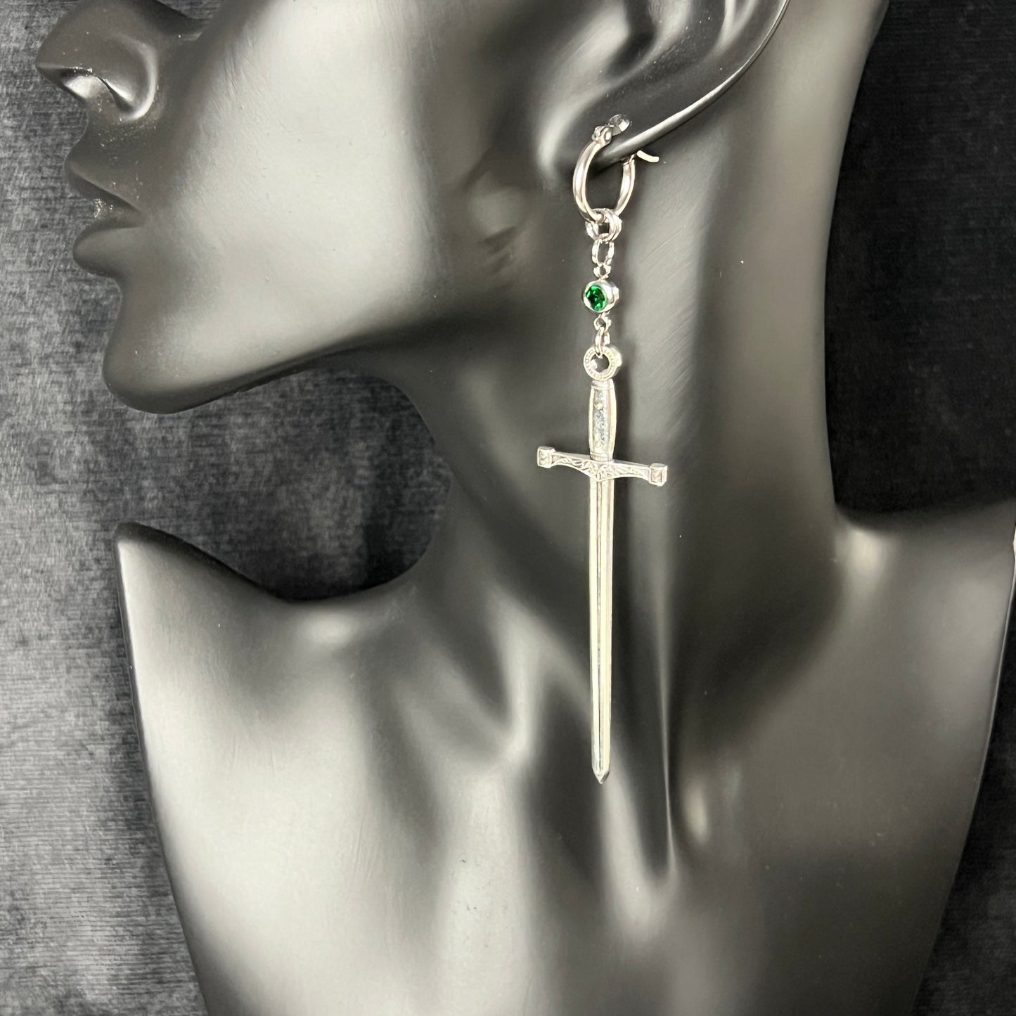 Excalibur sword earrings medieval fantasy gothic ren fair renaissance elven jewelry hoop closure emerald green rhinestone baguette magick