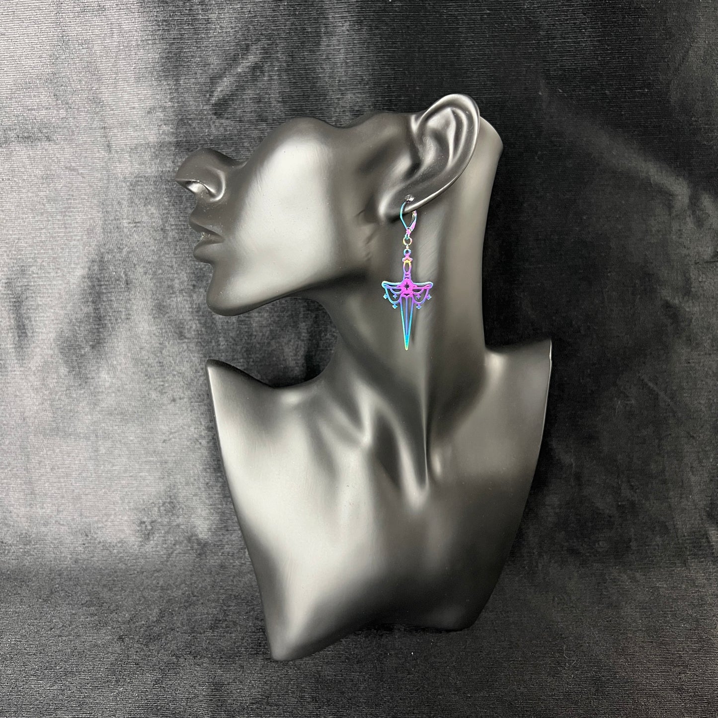 rainbow stainless steel titanium dagger sword earrings pagan witchcraft athame gothic gift for her