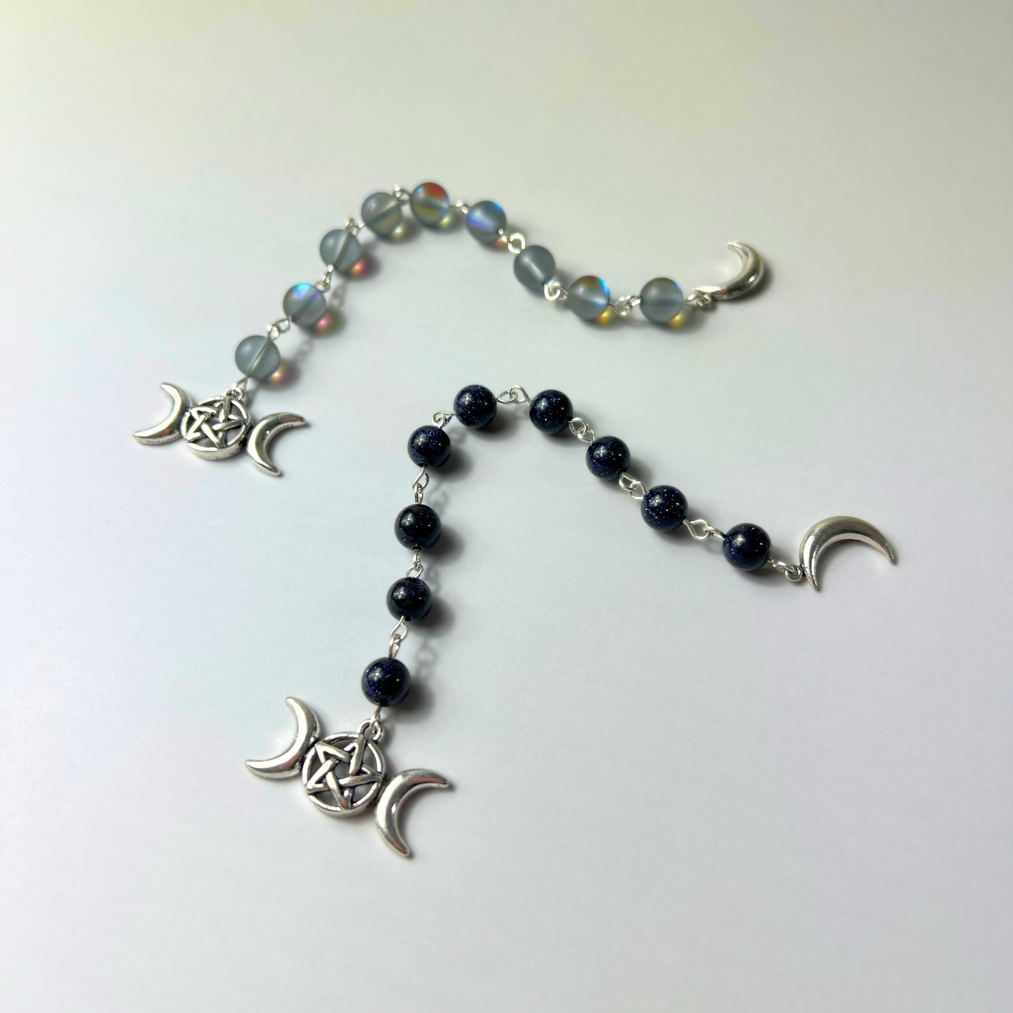 Witch ladder, Mermaid glass or Blue sandstone, Crescent Moon, triple Moon, 9 beads Baguette Magick