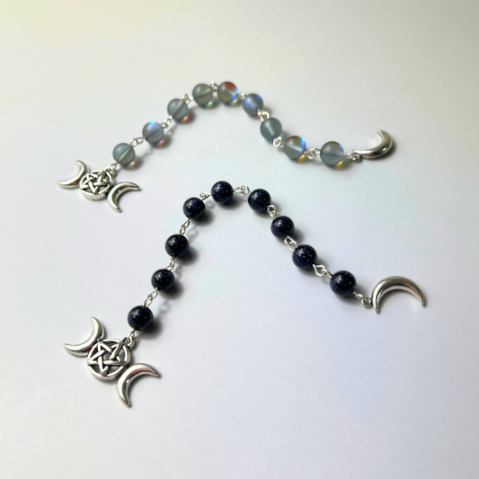Witch ladder, Mermaid glass or Blue sandstone, Crescent Moon, triple Moon, 9 beads Baguette Magick