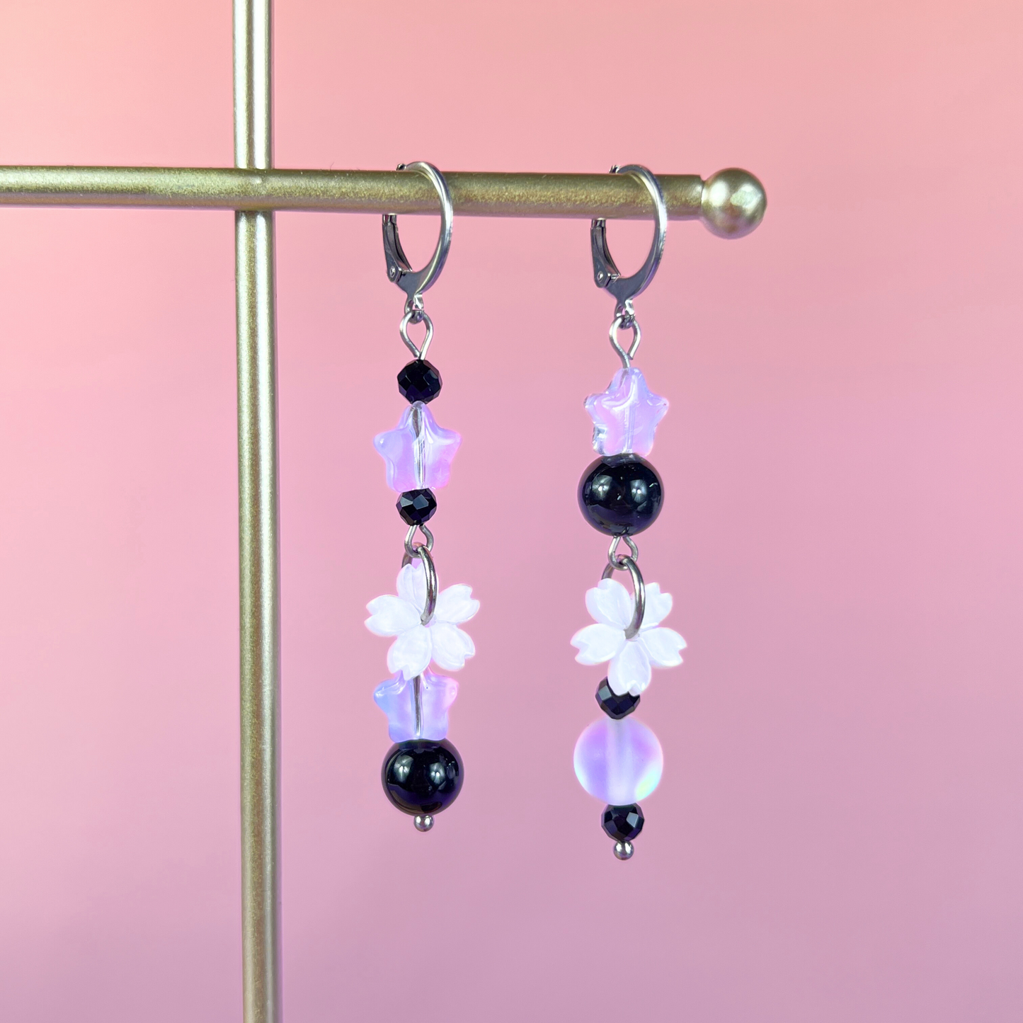 The Celestial Nocture earrings: Rainbow Obsisidan, Onyx, Holo glass, stars and Sakura flowers