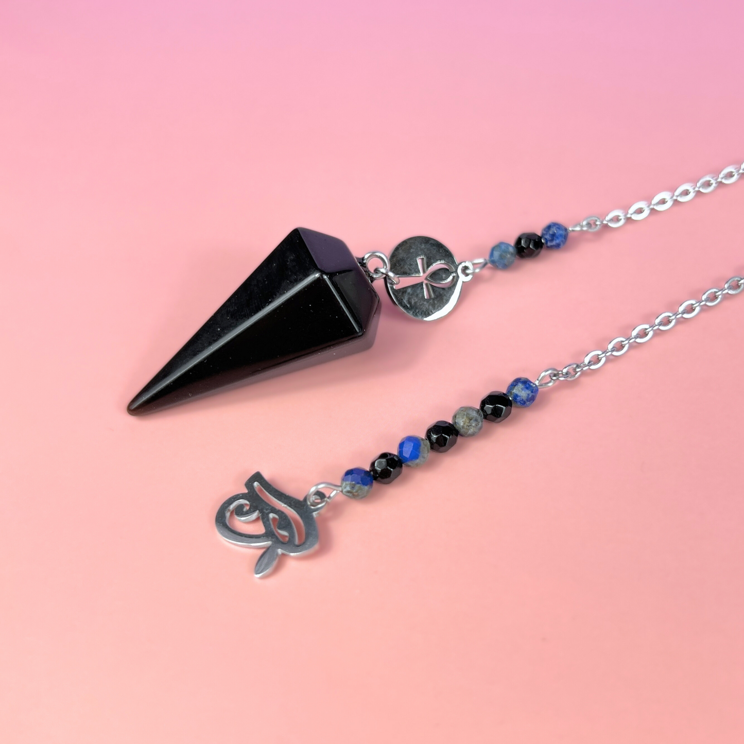 Divination pendulum with obsidian, lapis lazuli, onyx, Eye of Horus and Ankh