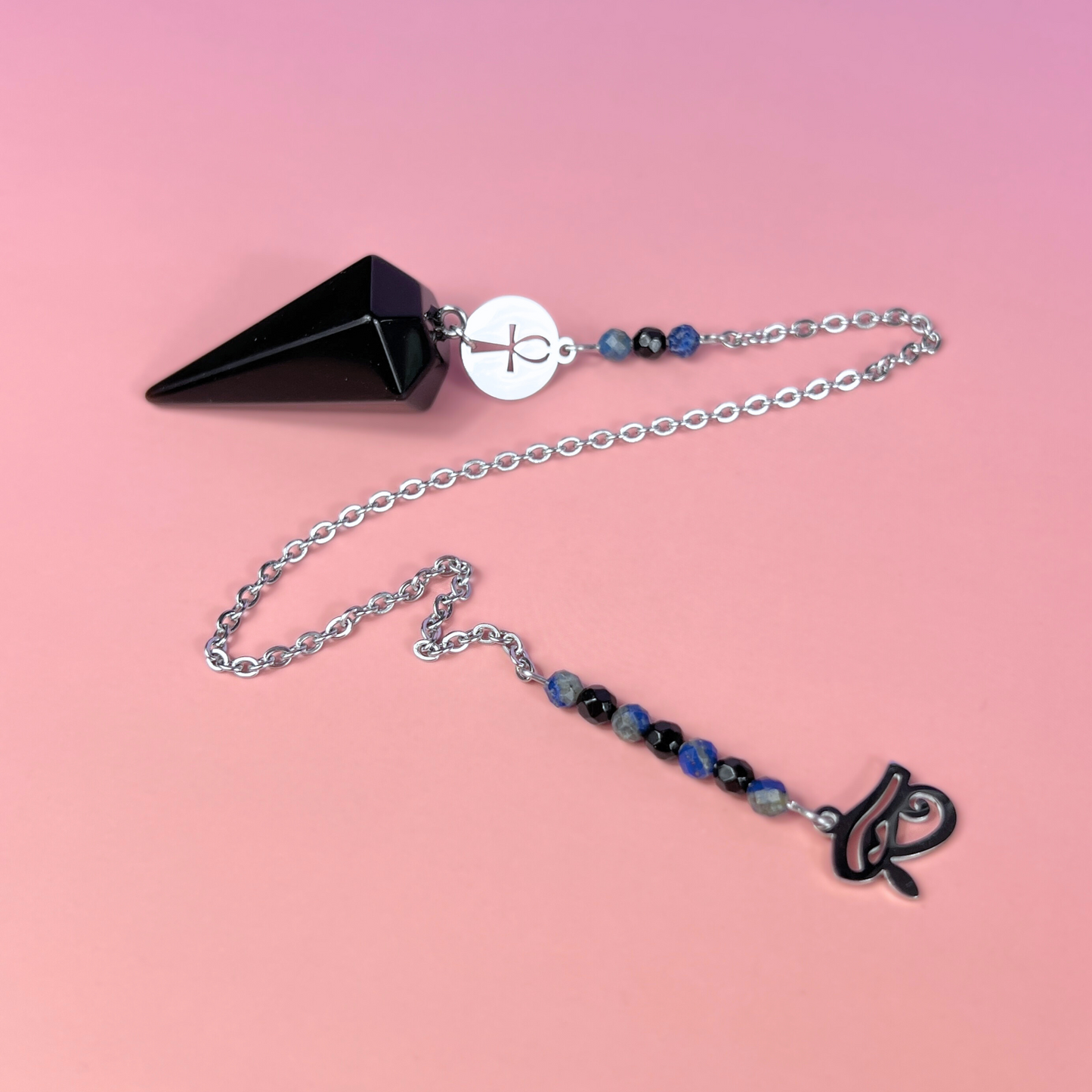 Divination pendulum with obsidian, lapis lazuli, onyx, Eye of Horus and Ankh