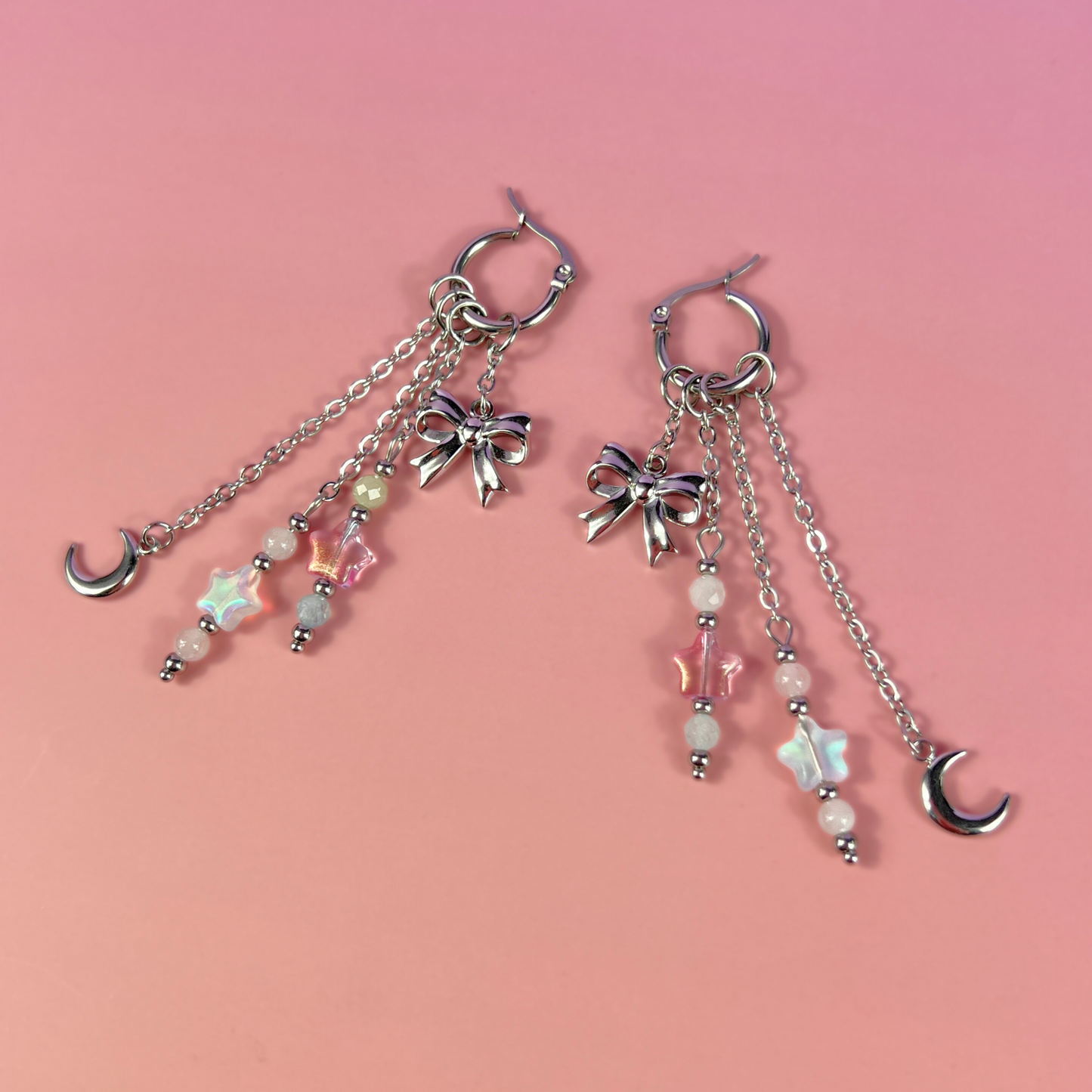 Mix & Match bow, moon and stars hoop earrings, morganite and rose quartz Baguette Magick