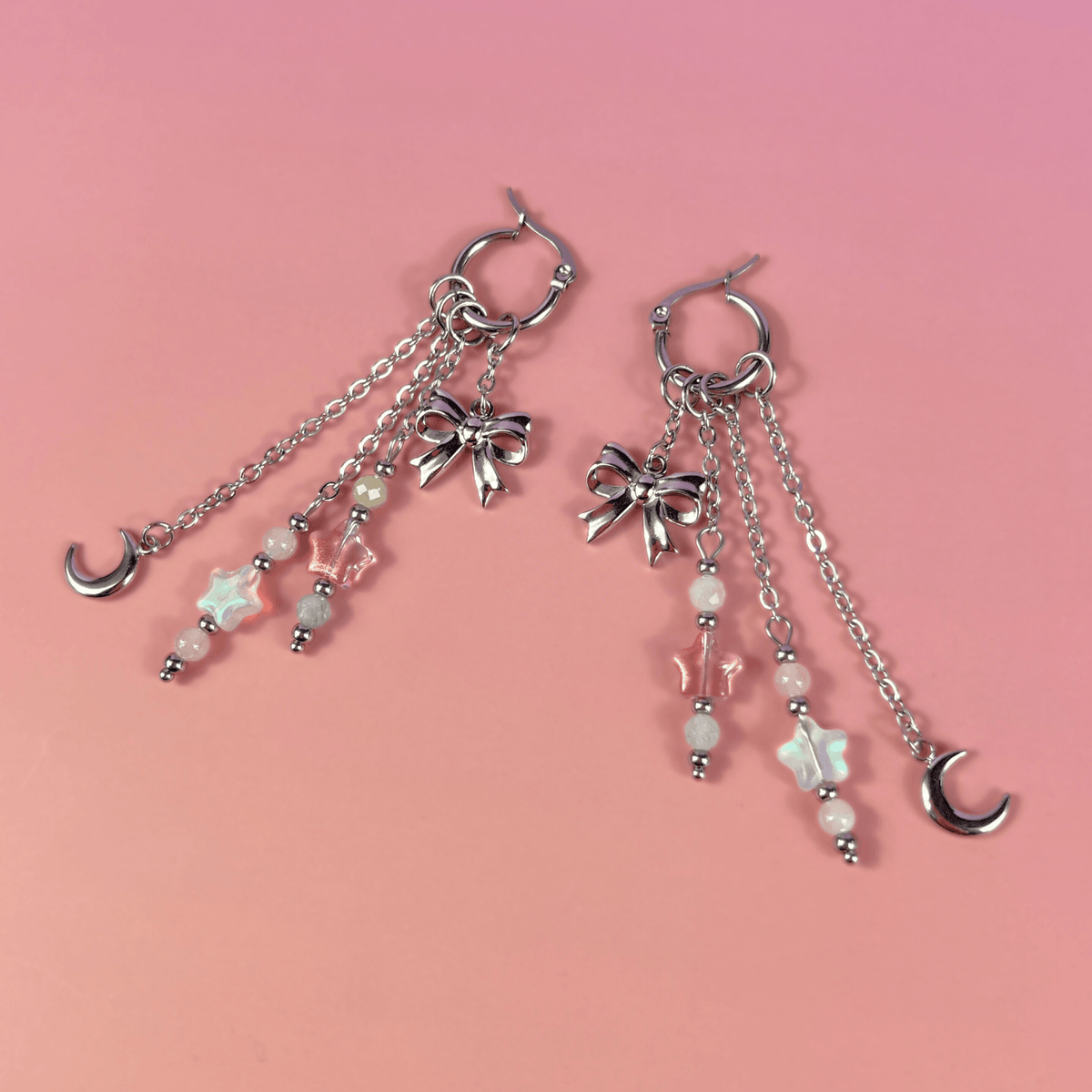 Mix & Match bow, moon and stars hoop earrings, morganite and rose quartz Baguette Magick