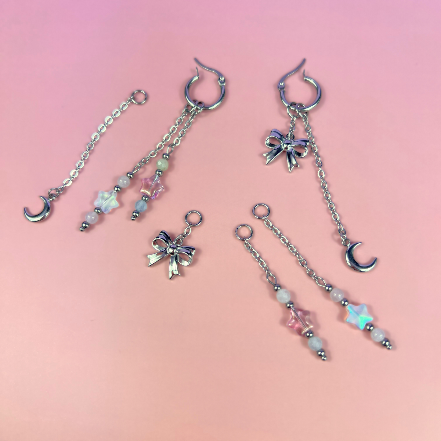 Mix & Match bow, moon and stars hoop earrings, morganite and rose quartz Baguette Magick