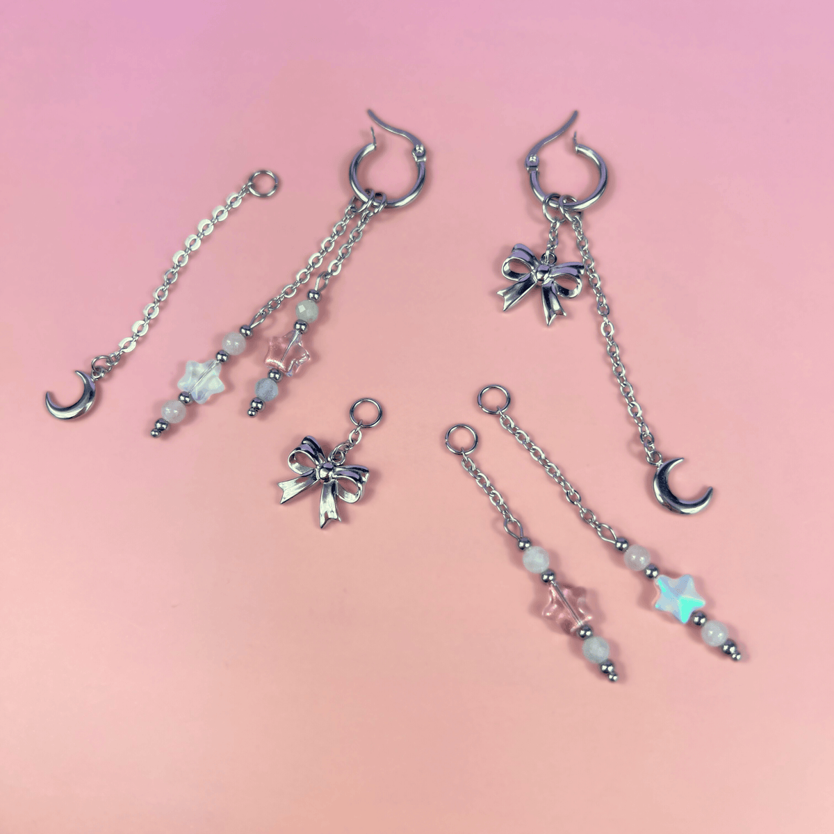 Mix & Match bow, moon and stars hoop earrings, morganite and rose quartz Baguette Magick