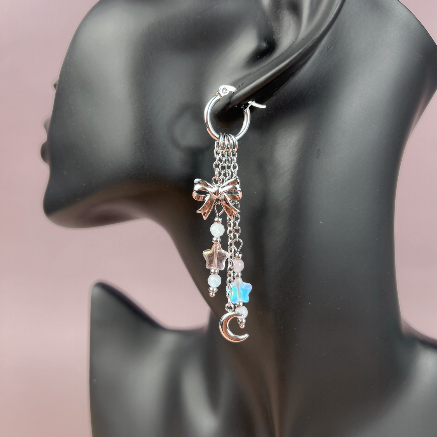 Mix & Match bow, moon and stars hoop earrings, morganite and rose quartz Baguette Magick