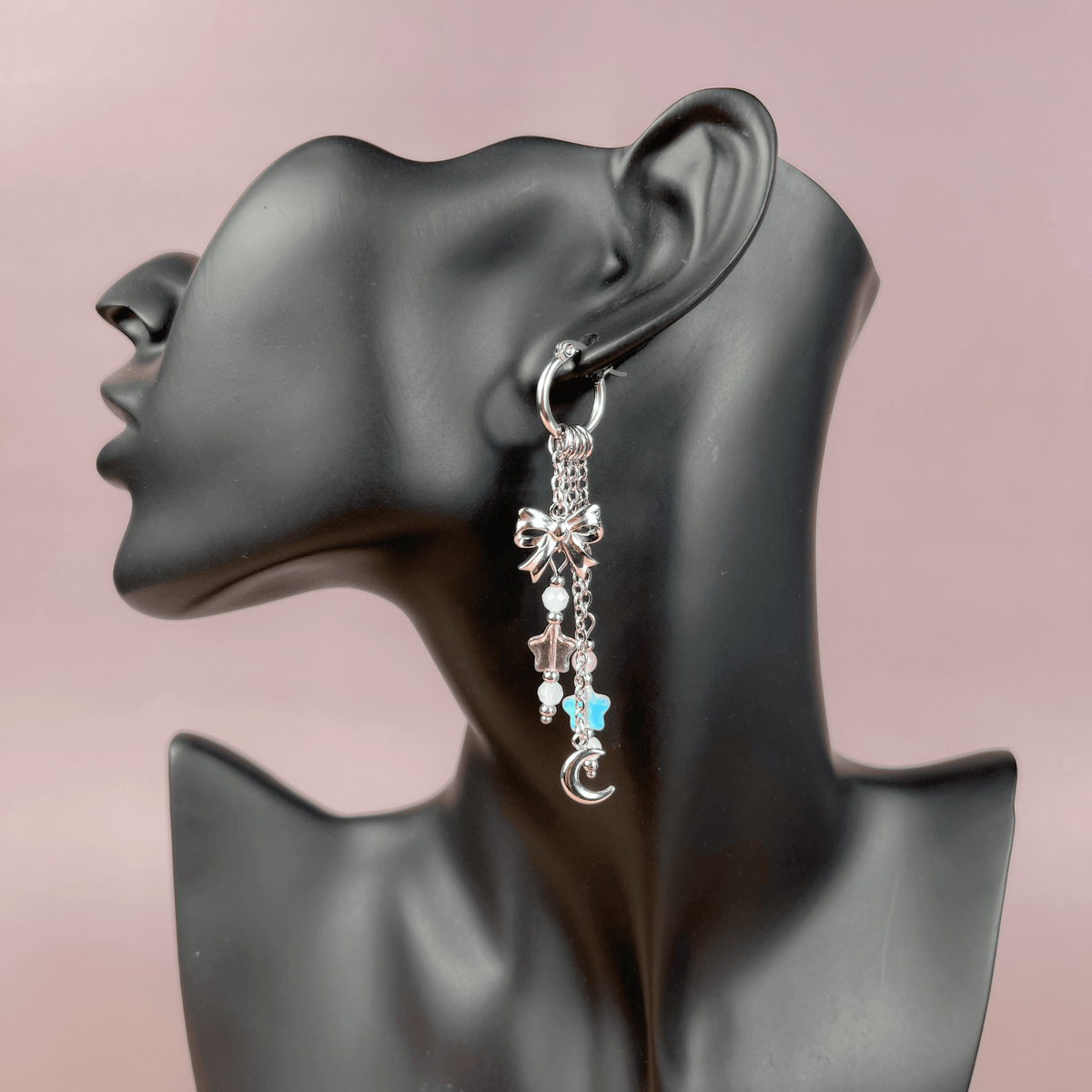 Mix & Match bow, moon and stars hoop earrings, morganite and rose quartz Baguette Magick