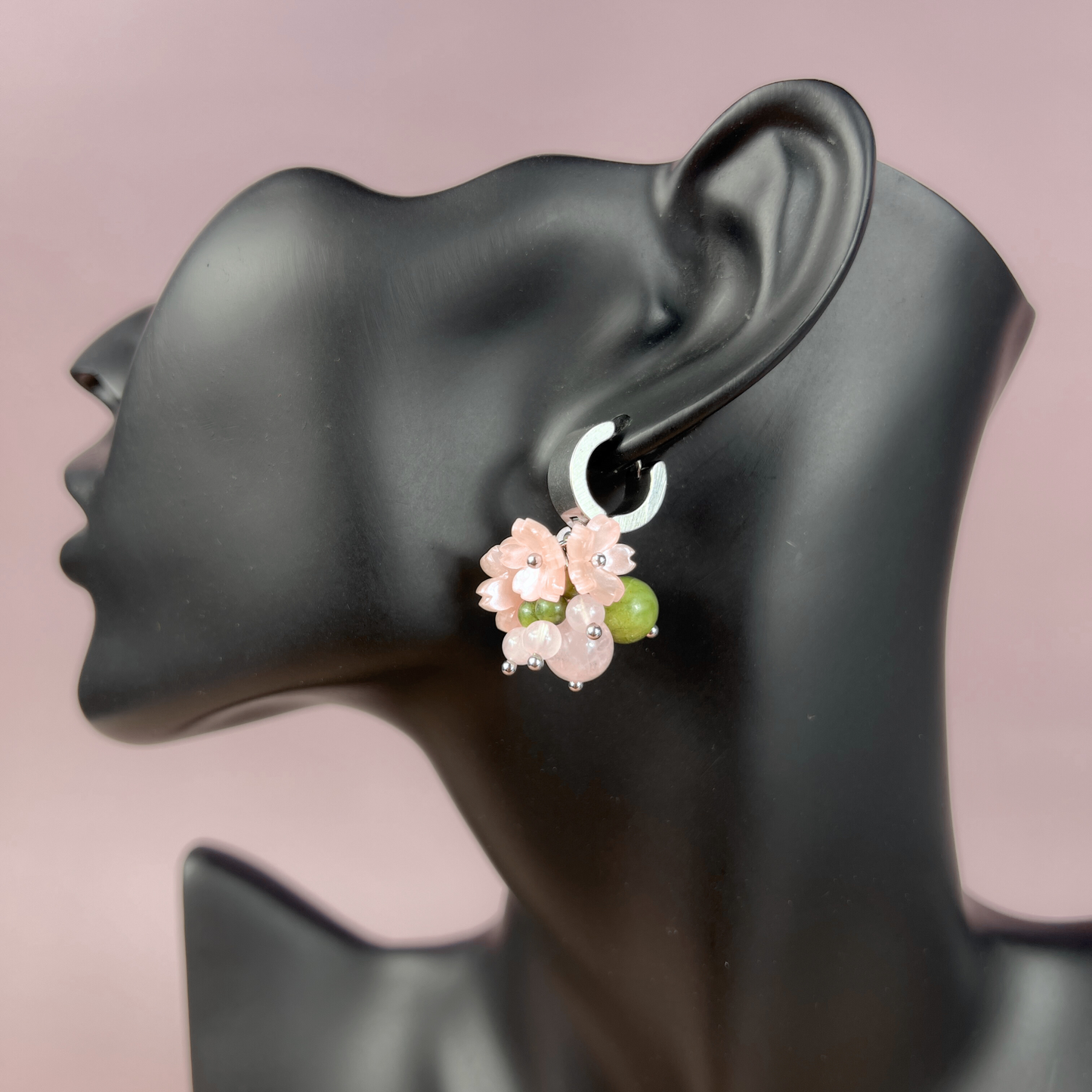 Hydrangea bloom earrings, amethyst beads on chunky huggie hoops (Copie) Baguette Magick