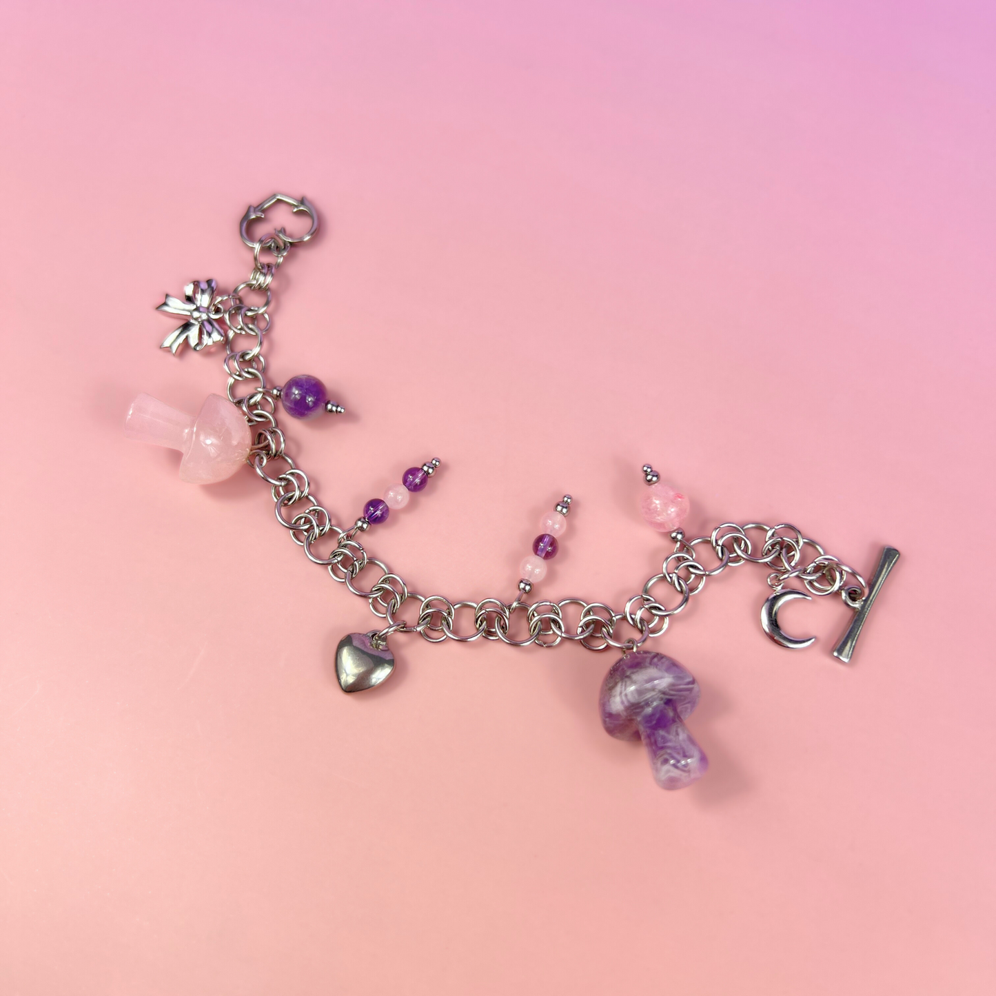 Love and mushrooms bracelet, Amethyst and Rose Quartz Baguette Magick
