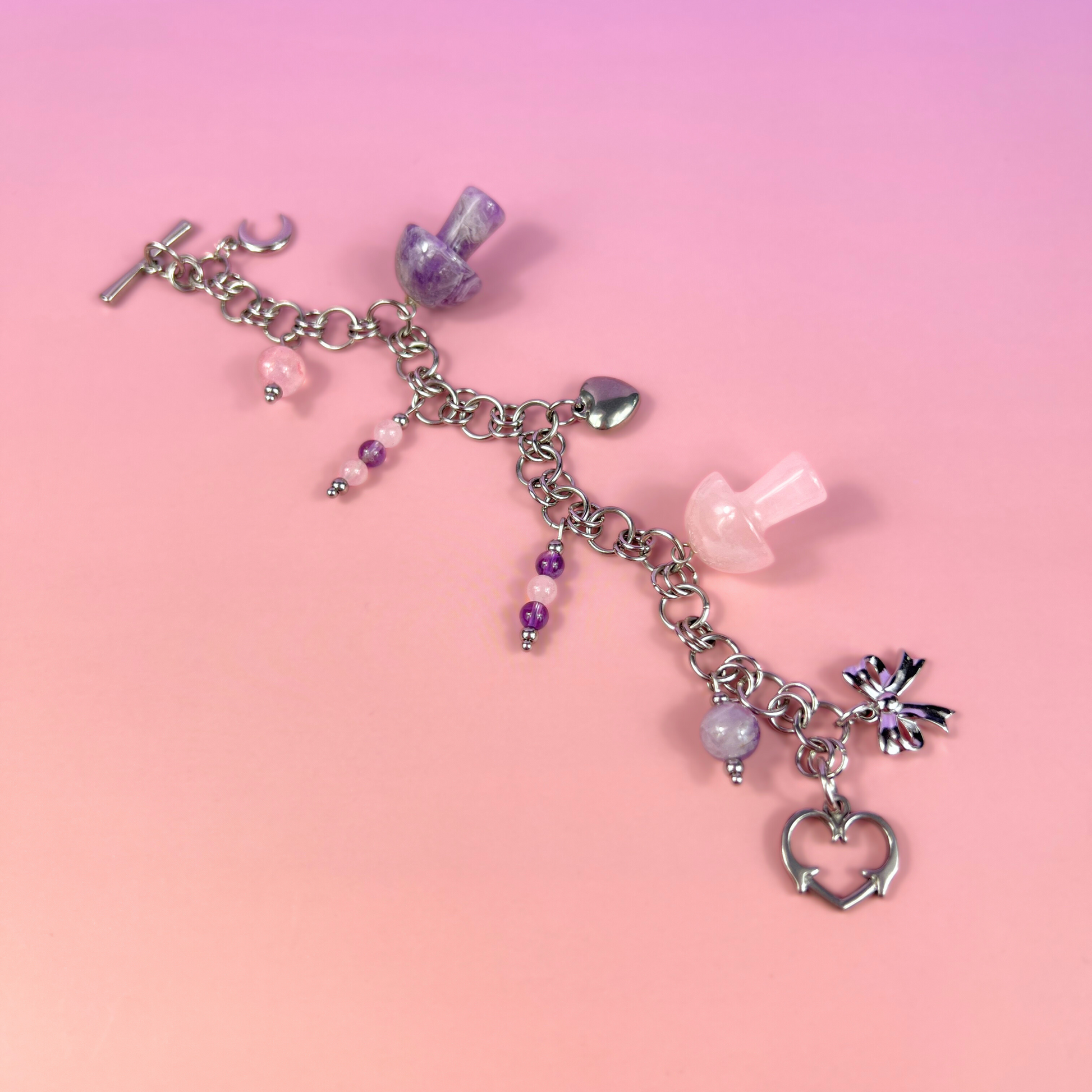 Love and mushrooms bracelet, Amethyst and Rose Quartz Baguette Magick