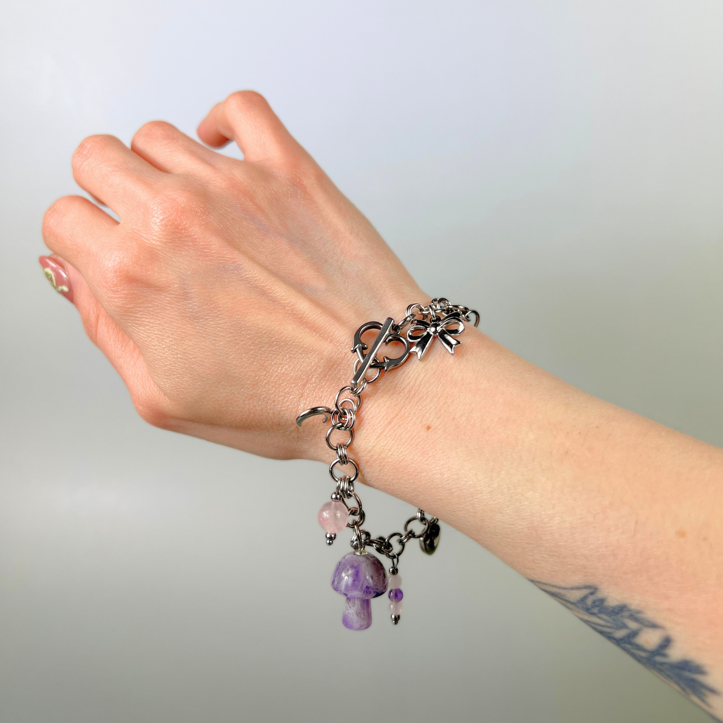 Love and mushrooms bracelet, Amethyst and Rose Quartz Baguette Magick