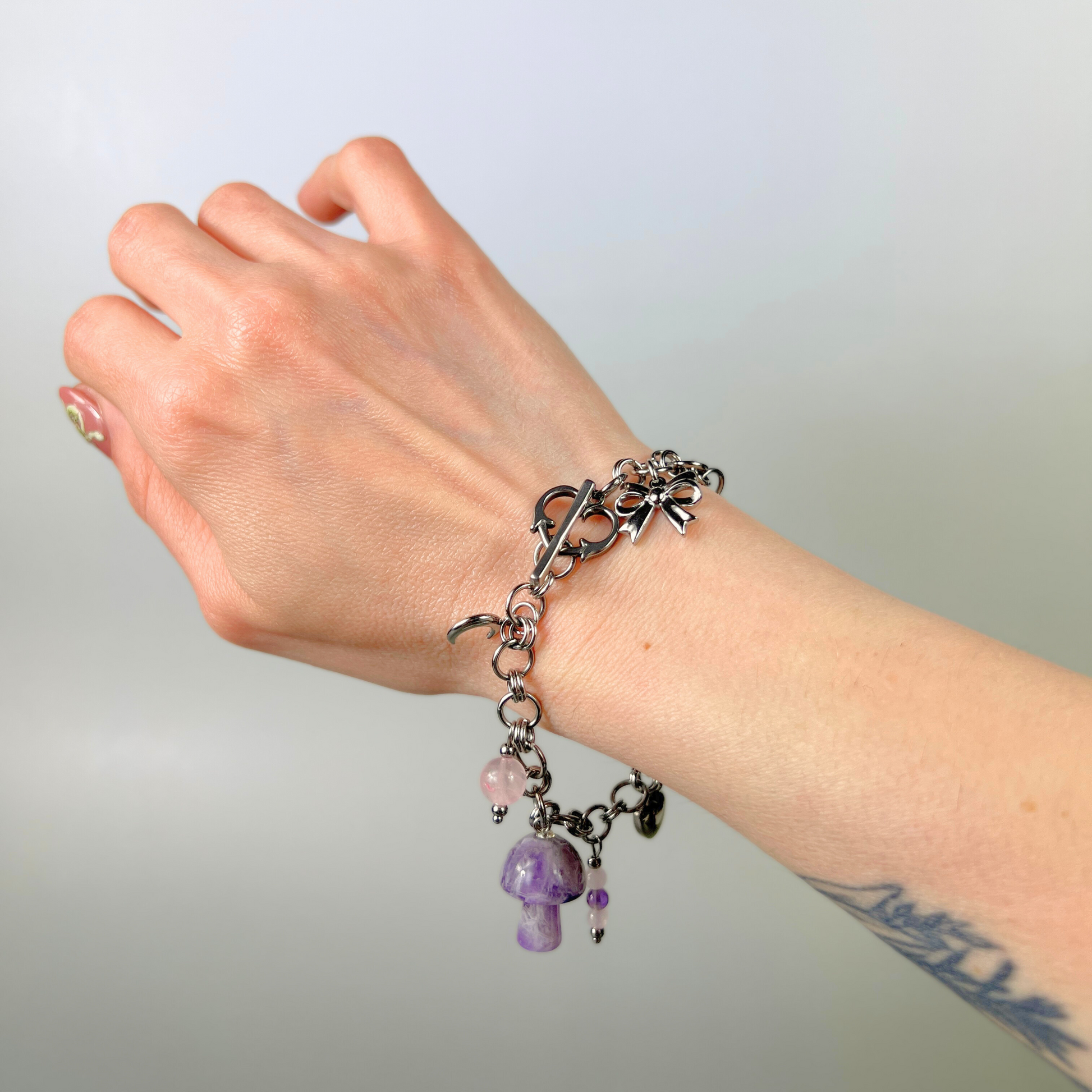 Love and mushrooms bracelet, Amethyst and Rose Quartz Baguette Magick