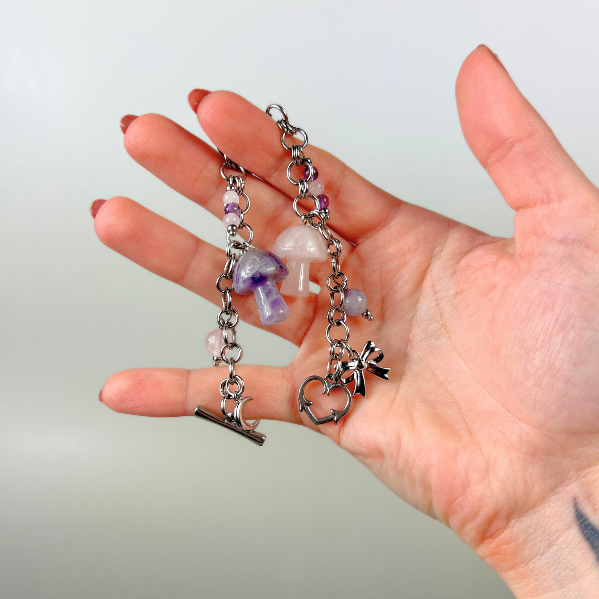 Love and mushrooms bracelet, Amethyst and Rose Quartz Baguette Magick