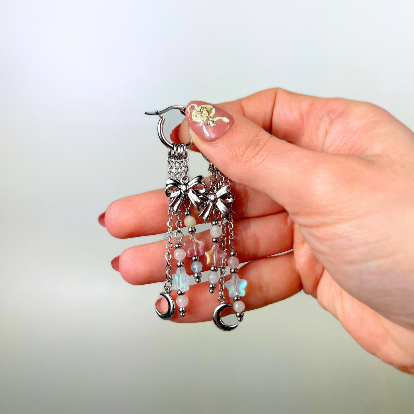 Mix & Match bow, moon and stars hoop earrings, morganite and rose quartz Baguette Magick