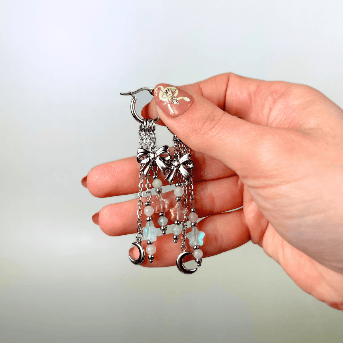 Mix & Match bow, moon and stars hoop earrings, morganite and rose quartz Baguette Magick