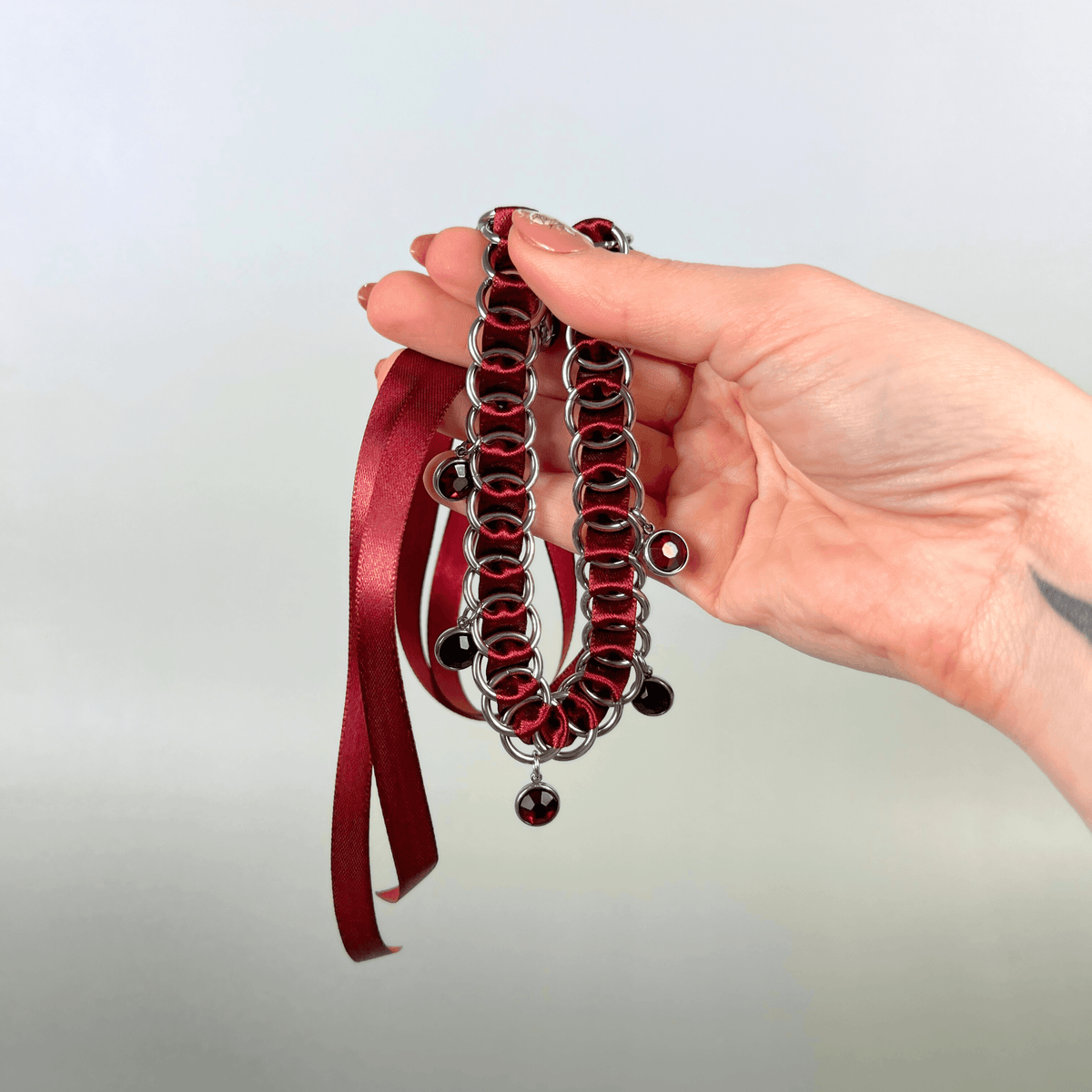 Gothic burgundy ribbon choker, chainmail & black and red rhinestones