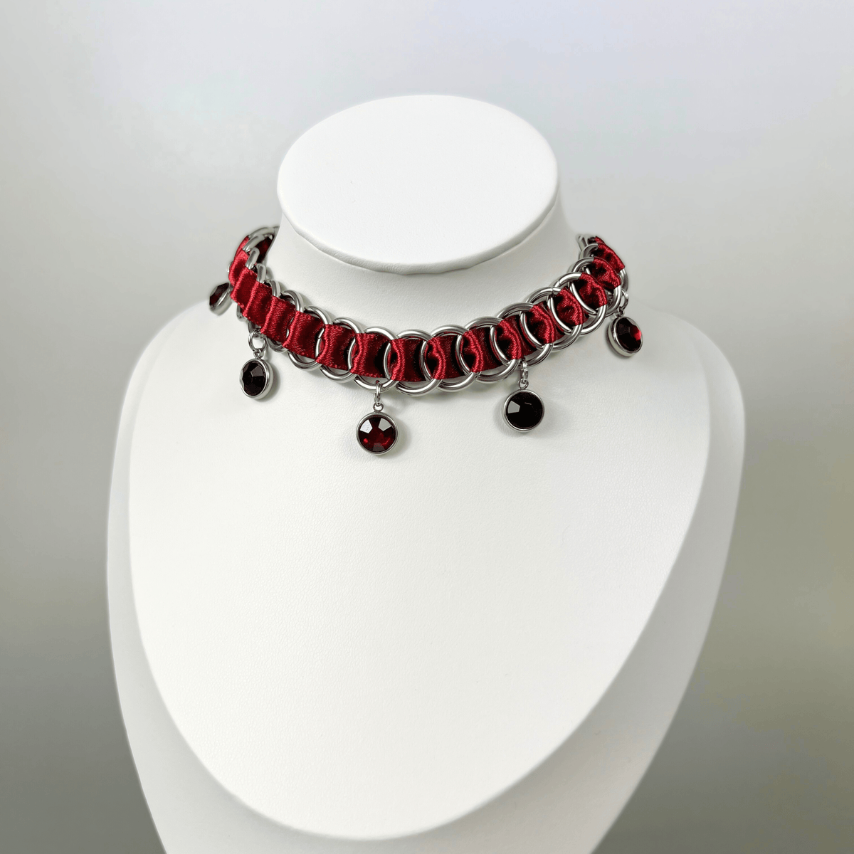 Gothic burgundy ribbon choker, chainmail & black and red rhinestones