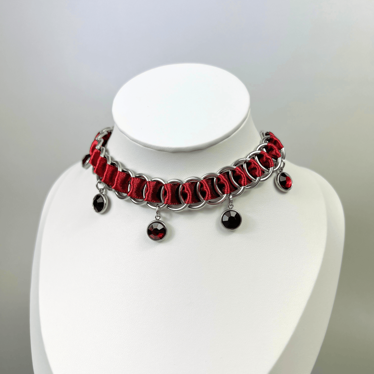 Gothic burgundy ribbon choker, chainmail & black and red rhinestones