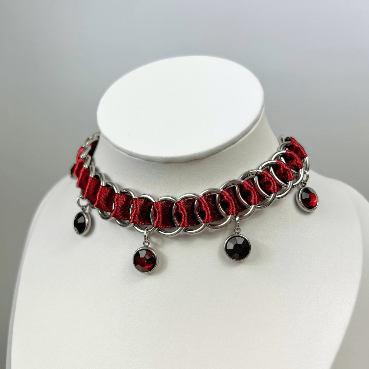 Gothic burgundy ribbon choker, chainmail & black and red rhinestones