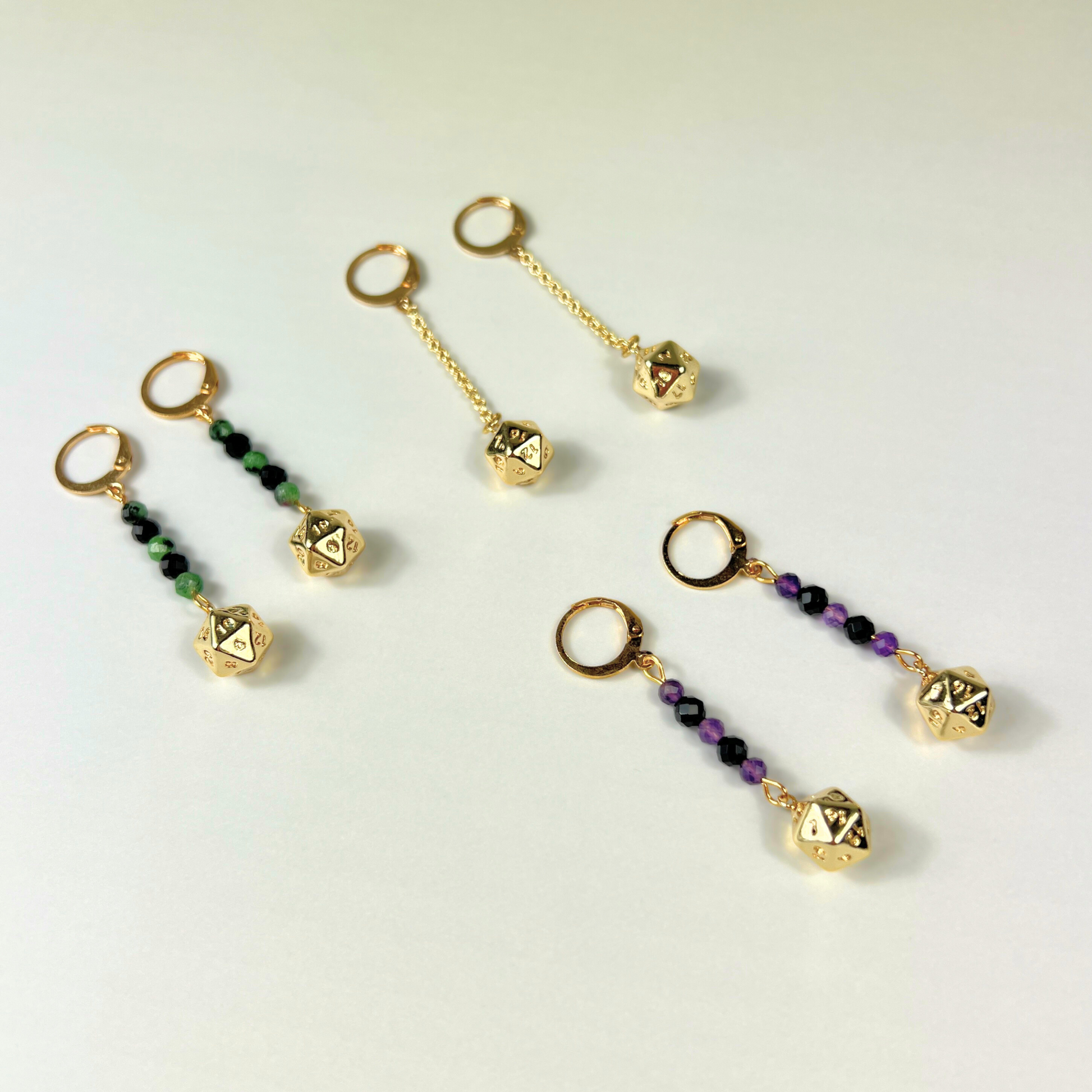 D20 gold dice roleplay earrings, gemstones Baguette Magick