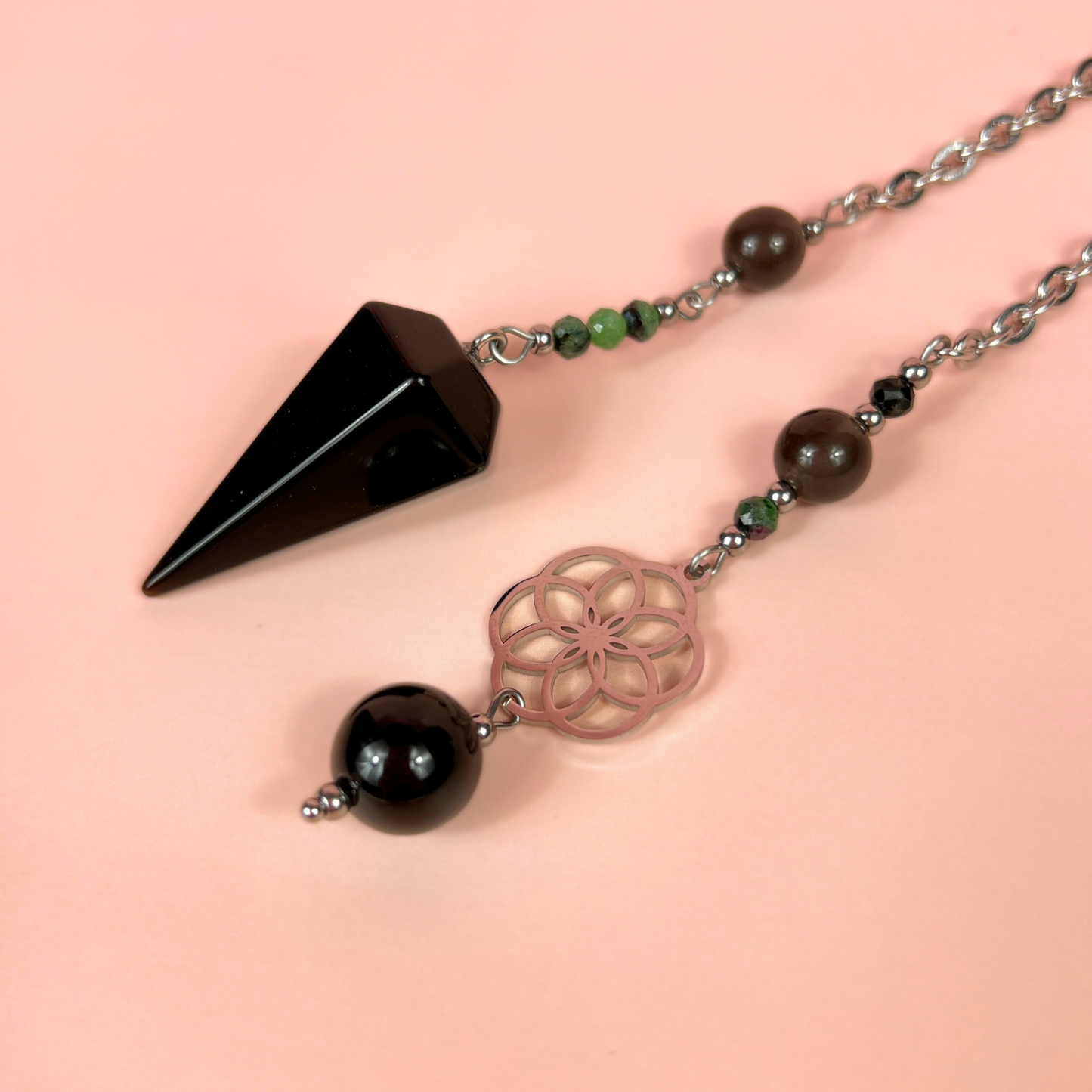 Obsidian, Ruby Zoisite & Onyx Dowsing Pendulum, with flower of life charm