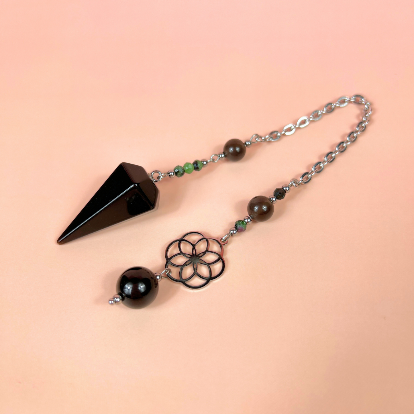 Obsidian, Ruby Zoisite & Onyx Dowsing Pendulum, with flower of life charm