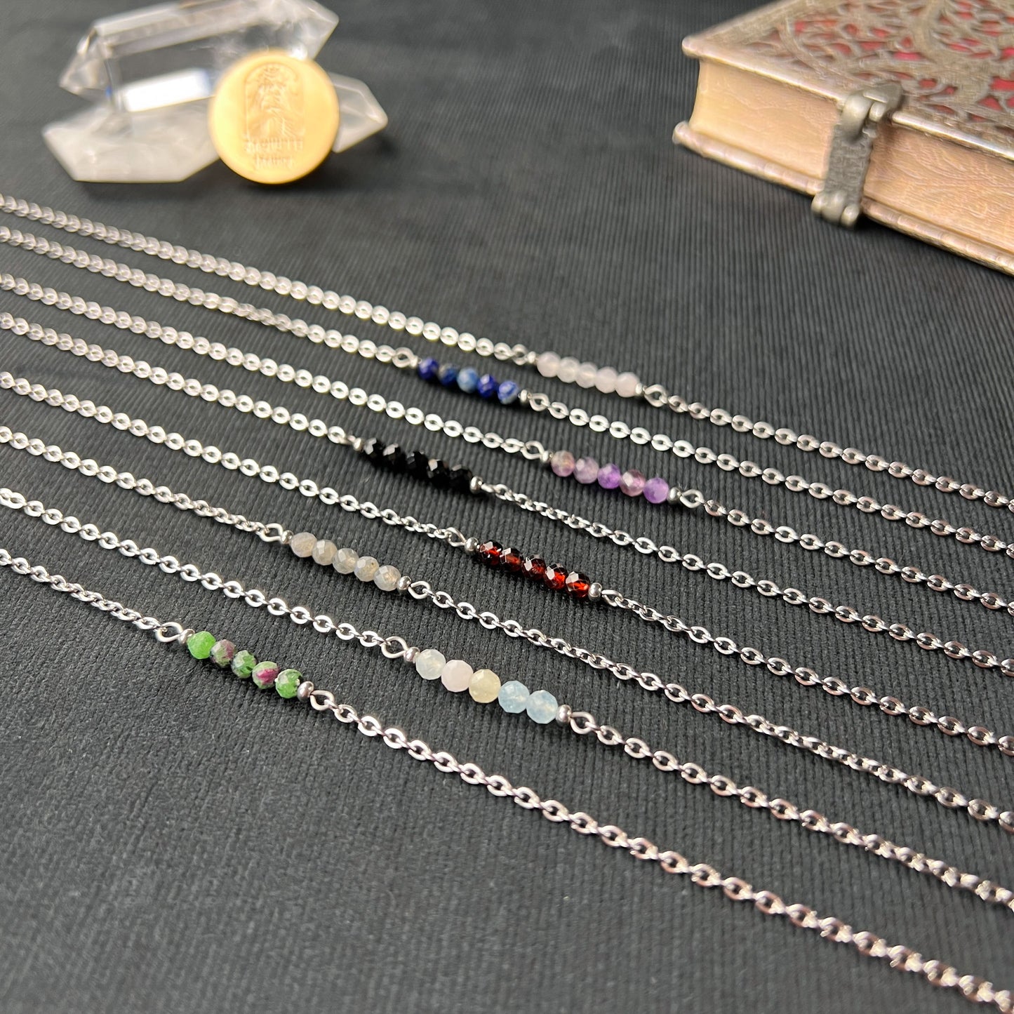 Faceted beads gemstone necklace, hypoallergenic waterproof stainless steel Baguette Magick
