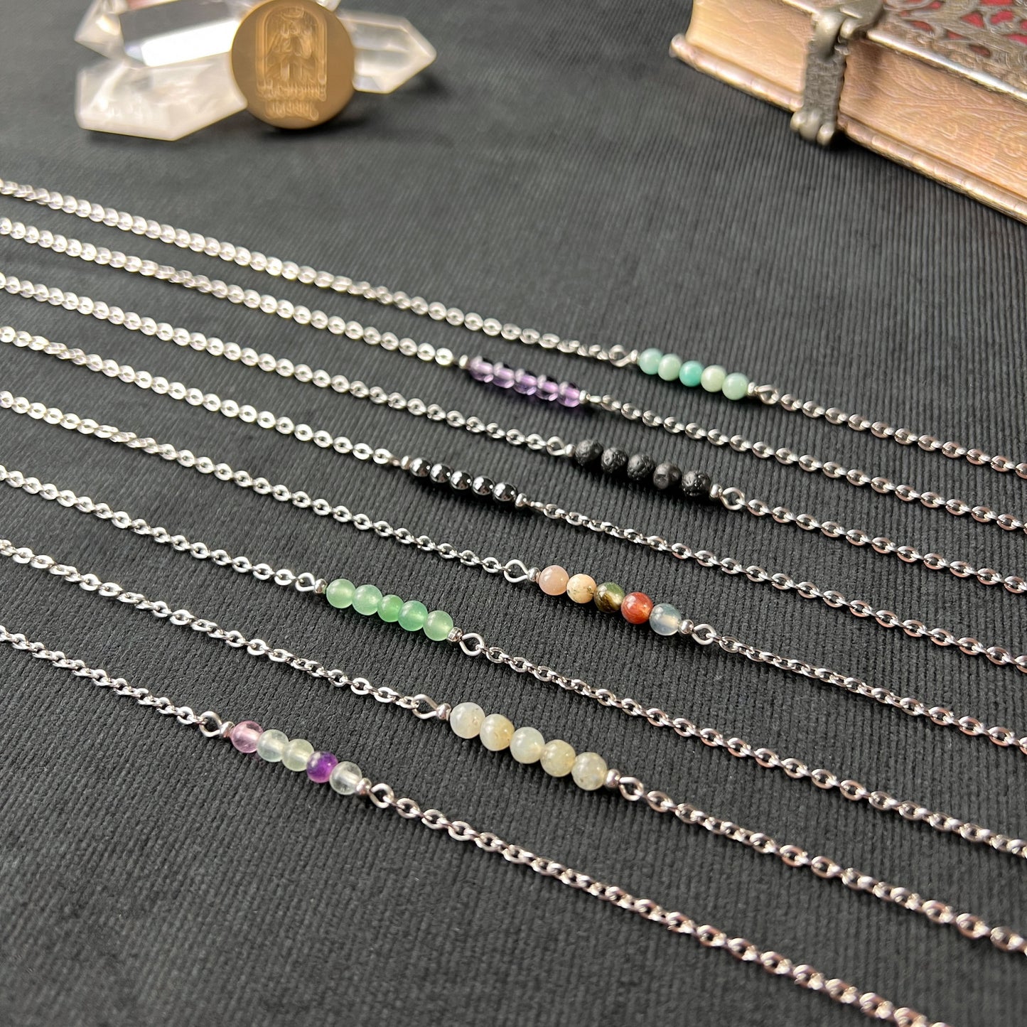 Round beads gemstone necklace, hypoallergenic waterproof stainless steel Baguette Magick