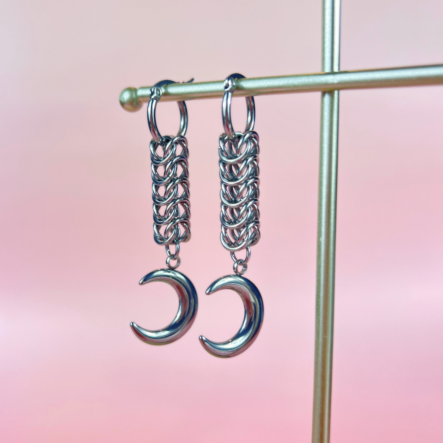 Crescent Moon box chain chainmail earrings Baguette Magick