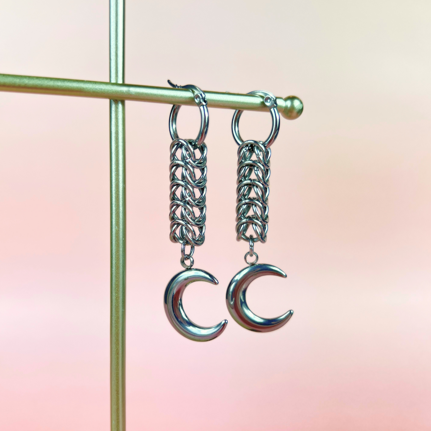 Crescent Moon box chain chainmail earrings Baguette Magick
