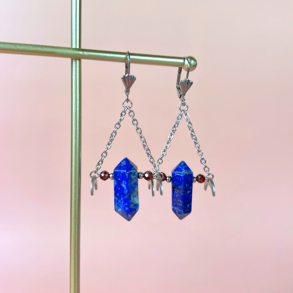 Lapis lazuli garnet gemstone earrings with Moon crescent Baguette Magick