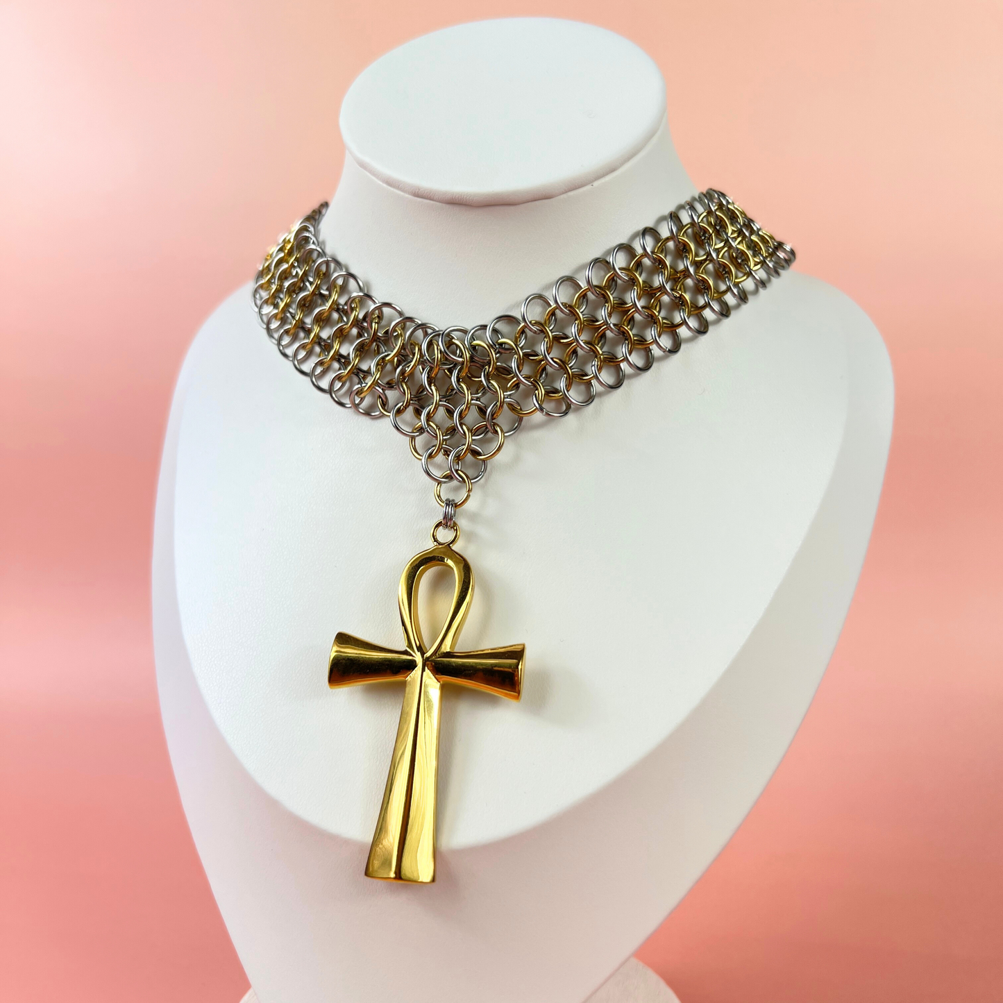Ankh chainmail bib necklace European 4 in 1 necklace, silver and gold tones Baguette Magick