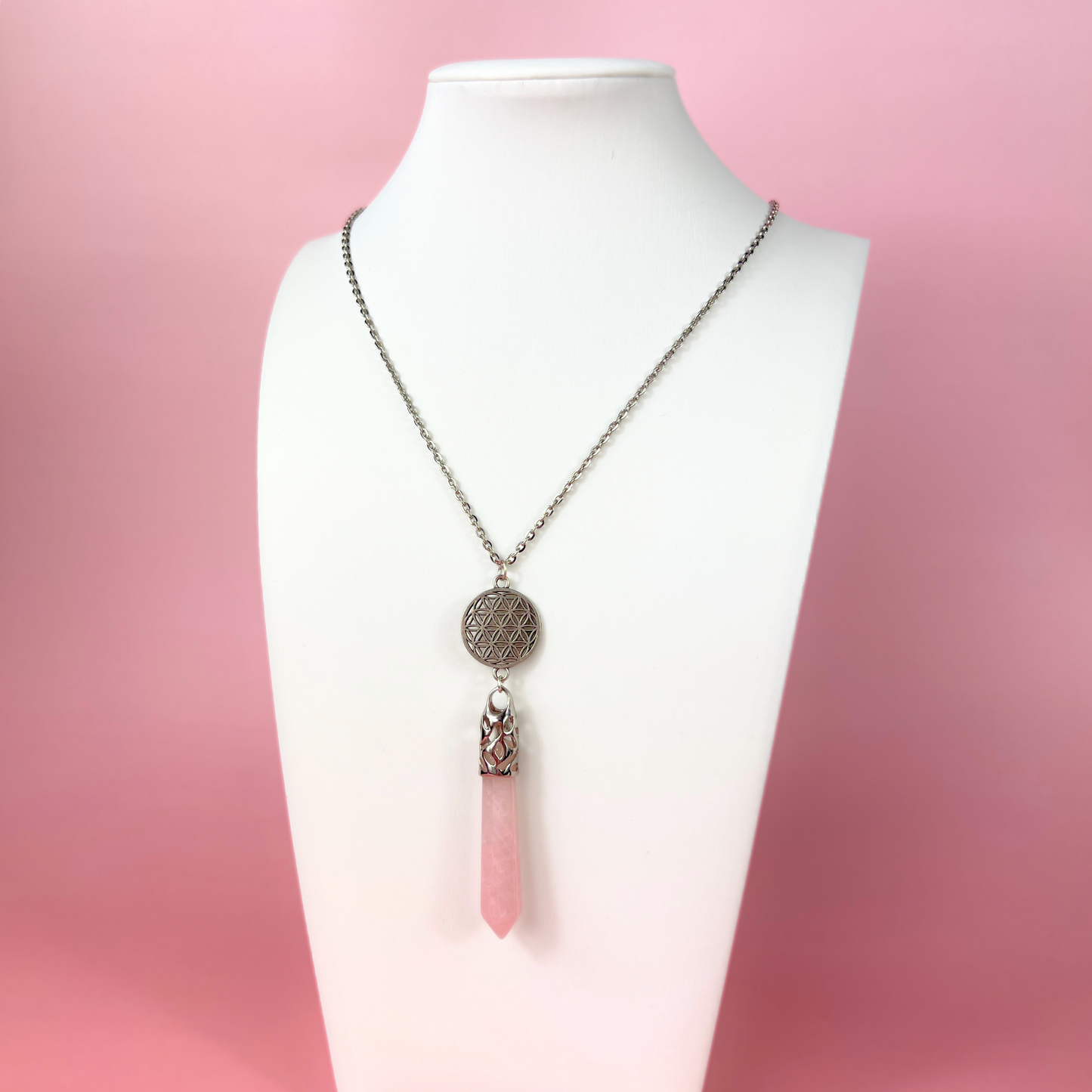 Rose quartz flower of life pendulum necklace