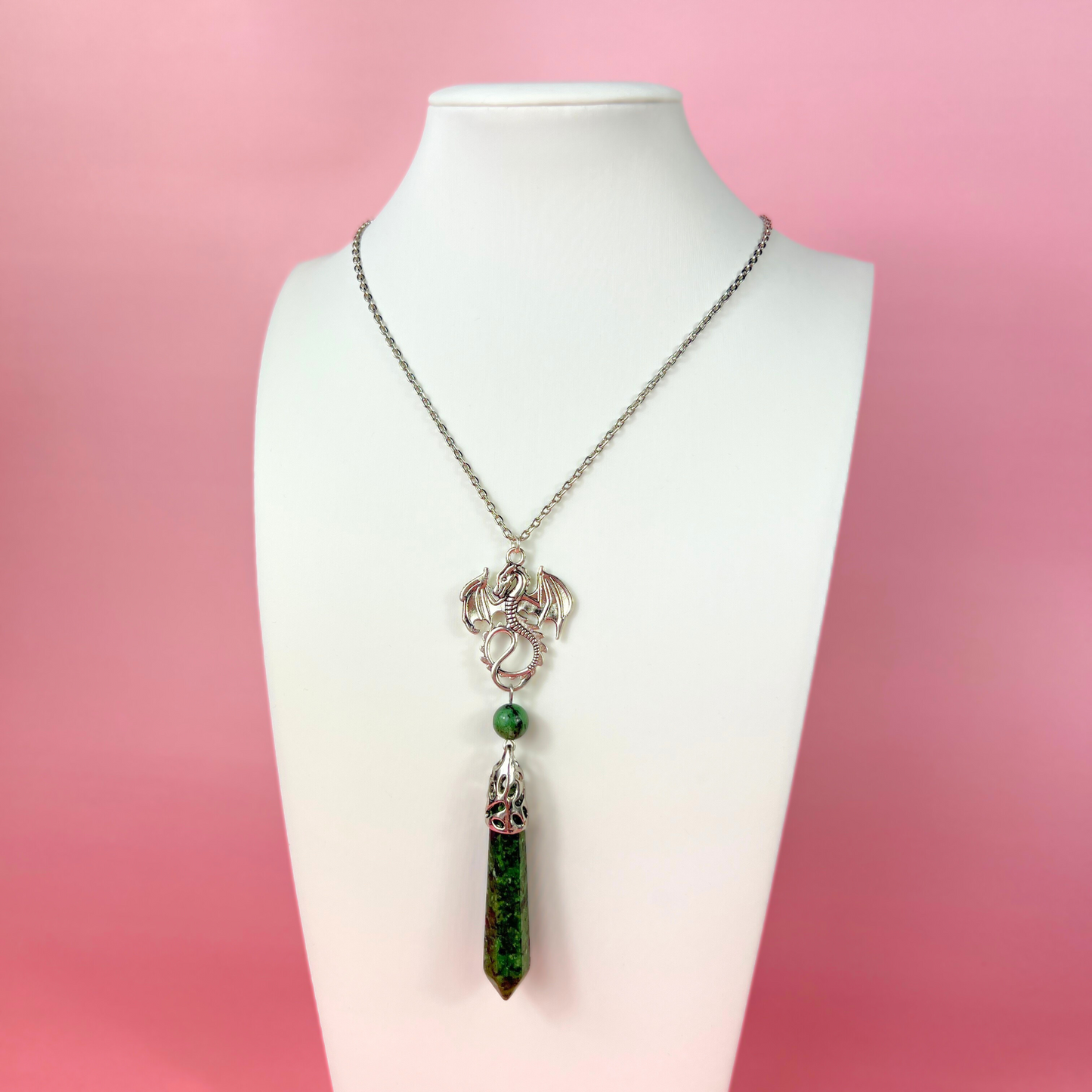 Dragon and Ruby Zoisite Anyolite pendulum necklace Baguette Magick
