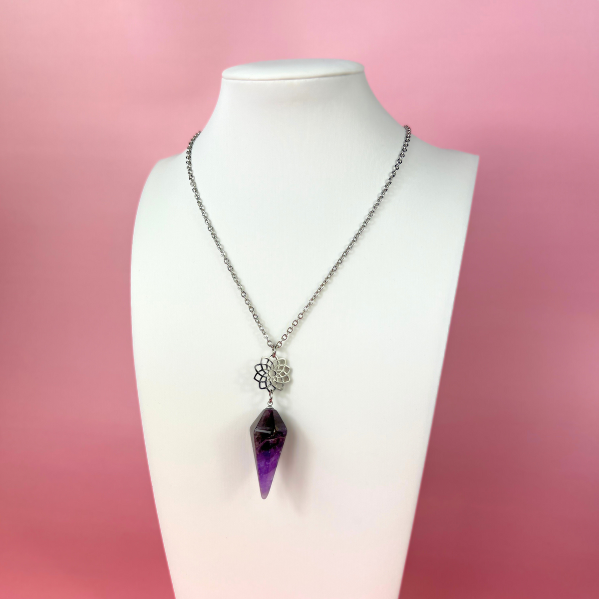 Amethyst and sacred geometry mandala pendulum necklace Baguette Magick