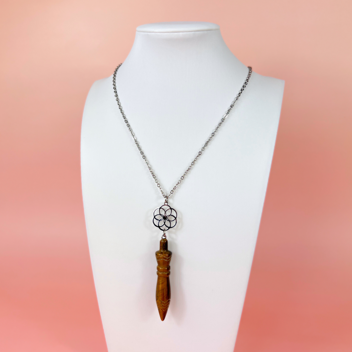 Engraved Egyptian Thot pendulum necklace, tiger's eye, flower of life