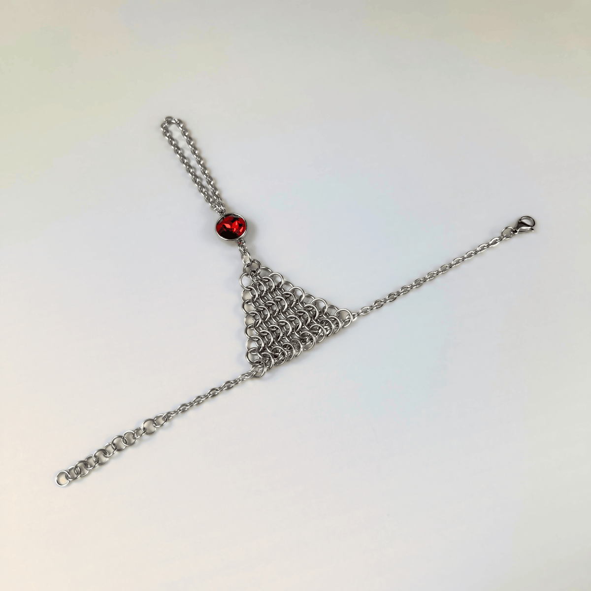 Chainmail and rhinestone ring bracelet hand chain, red, blue or purple Baguette Magick