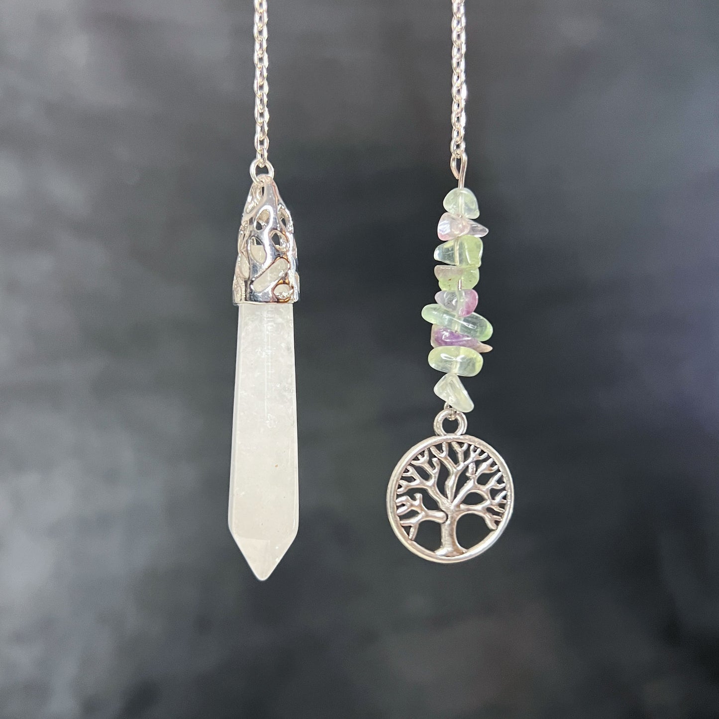 Clear quartz, fluorite and tree of life pendulum Baguette Magick