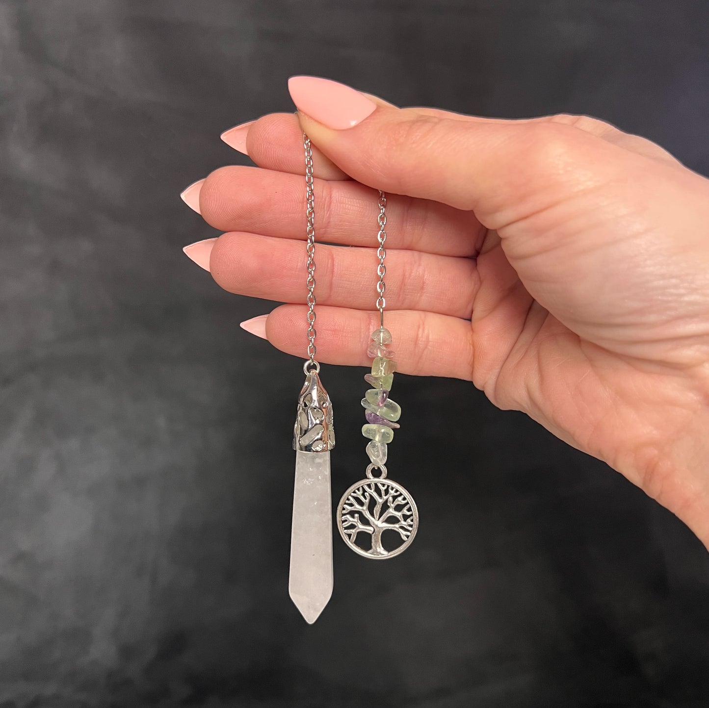 Clear quartz, fluorite and tree of life pendulum Baguette Magick