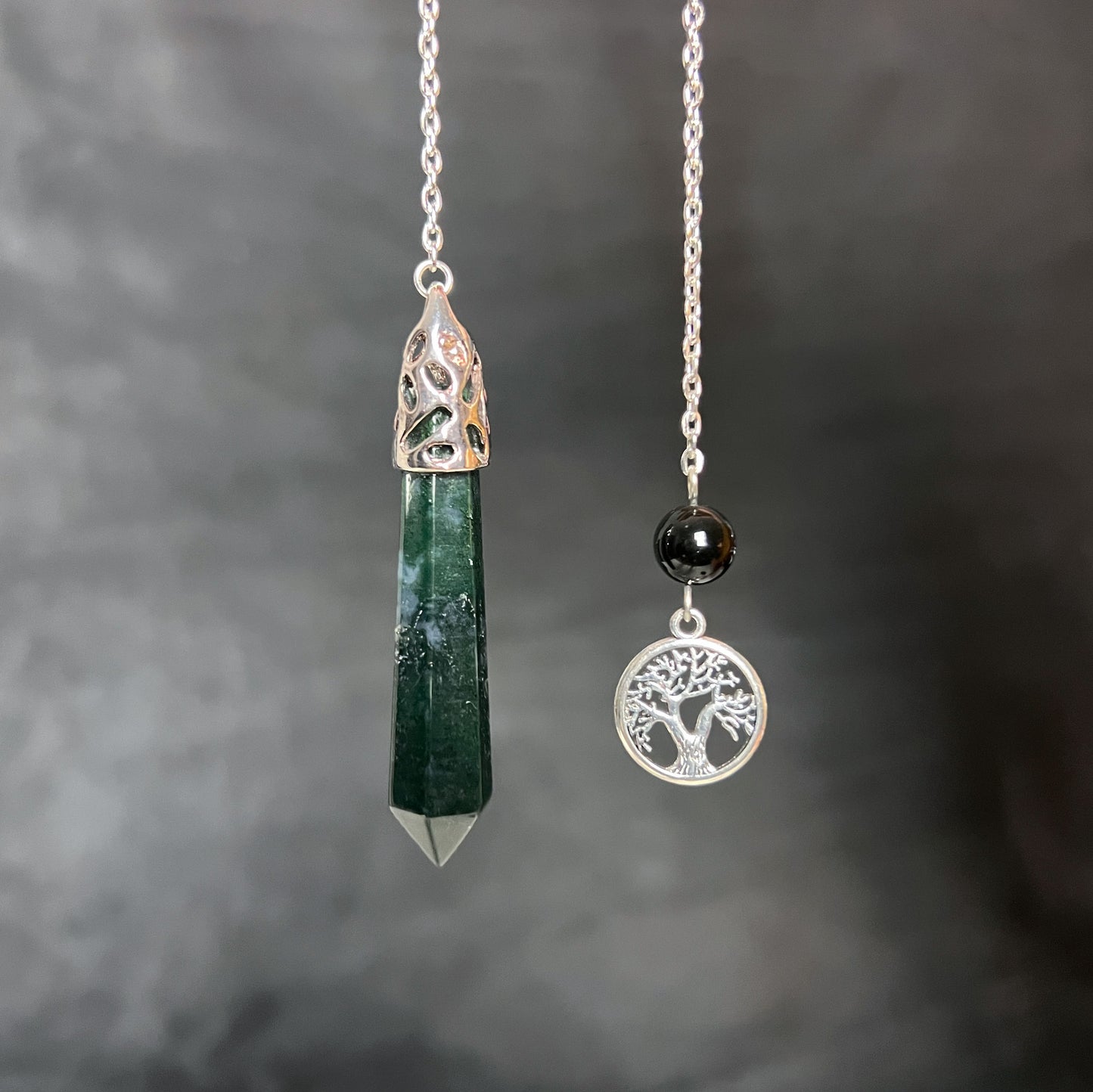 Moss agate, obsidian and tree of life dowsing pendulum Baguette Magick