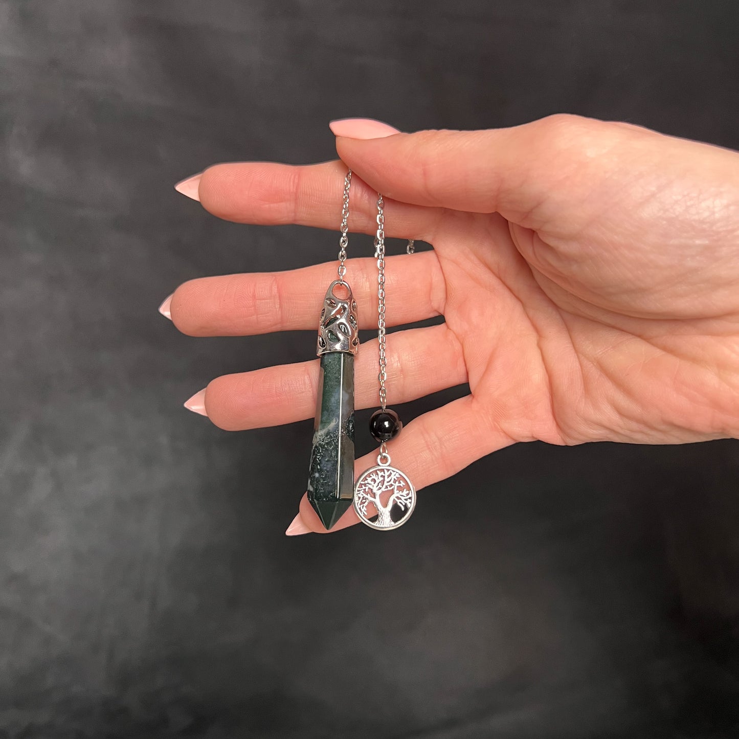 Moss agate, obsidian and tree of life dowsing pendulum Baguette Magick