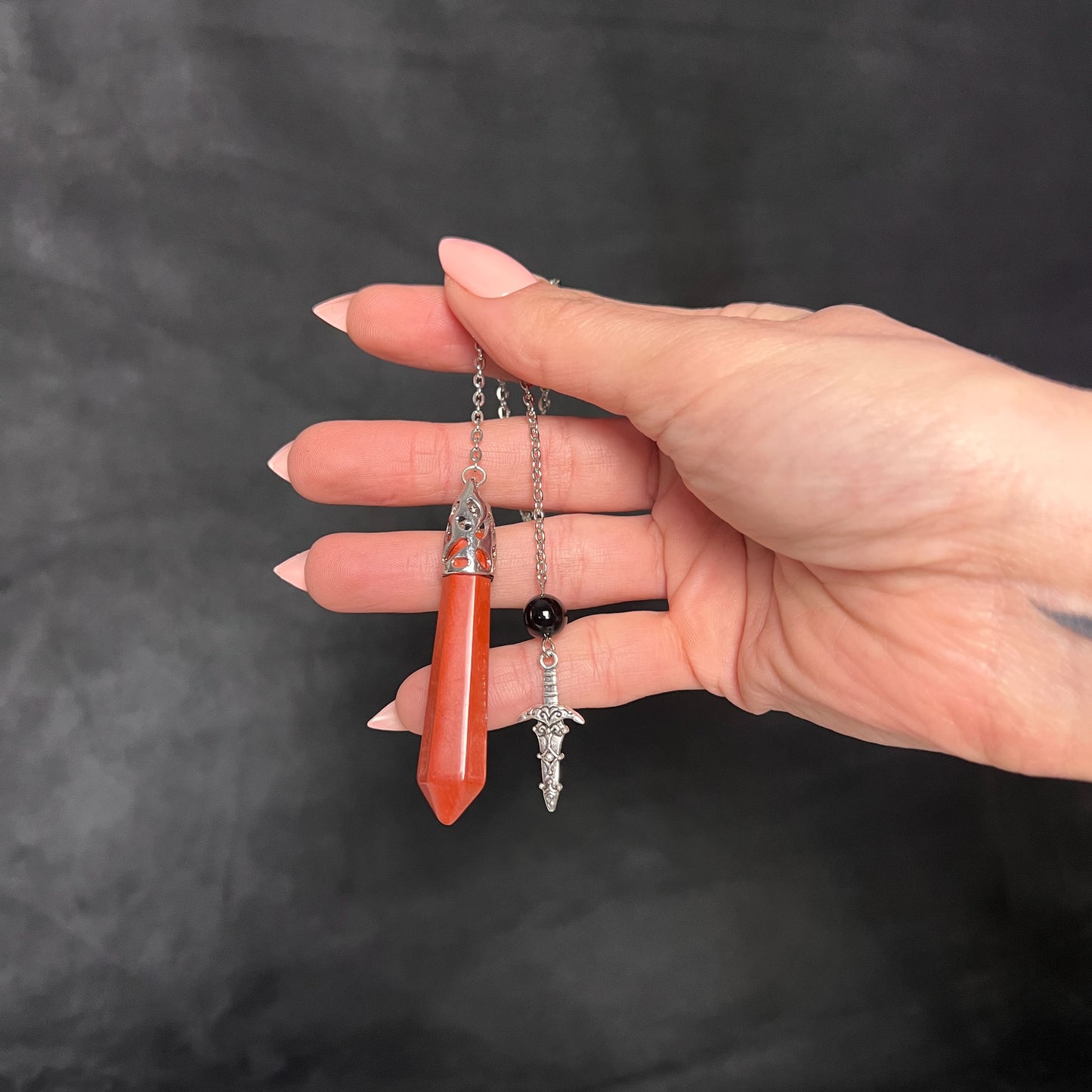 Red jasper and obsidian dagger pendulum Baguette Magick