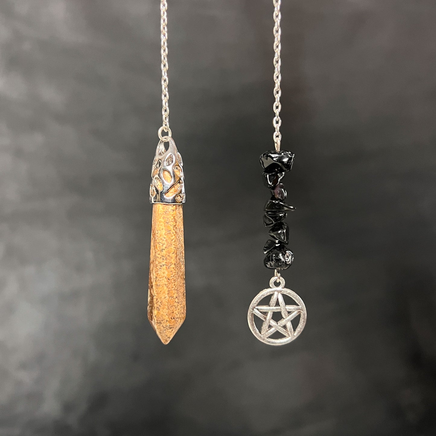 Picture jasper and raw obsidian pentacle pendulum Baguette Magick