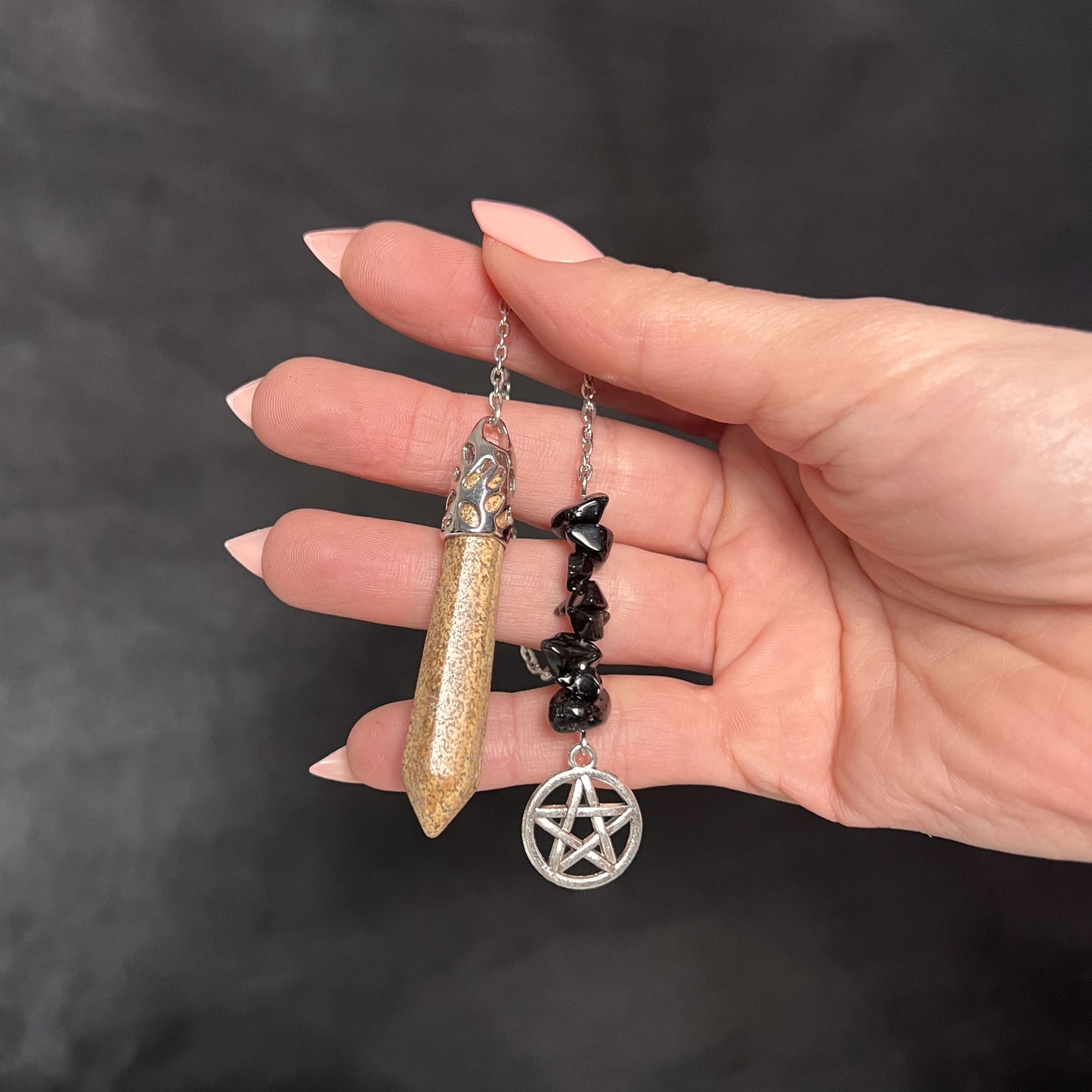 Picture jasper and raw obsidian pentacle pendulum Baguette Magick