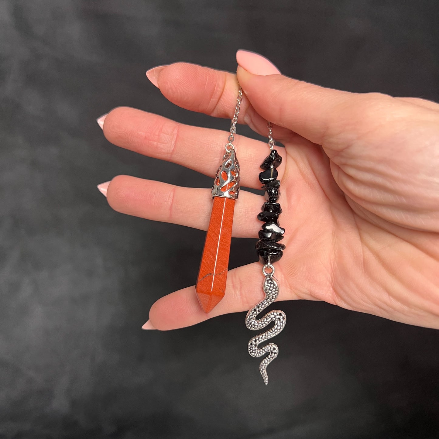 Red jasper and obsidian snake pendulum Baguette Magick
