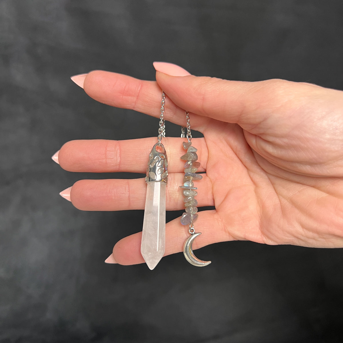 Clear quartz and labradorite Moon crescent dowsing pendulum Baguette Magick