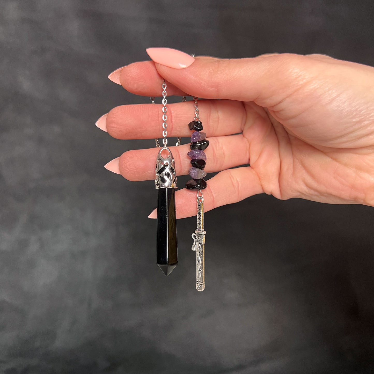 Onyx, obsidian and amethyst pendulum with a tanto dagger charm Baguette Magick