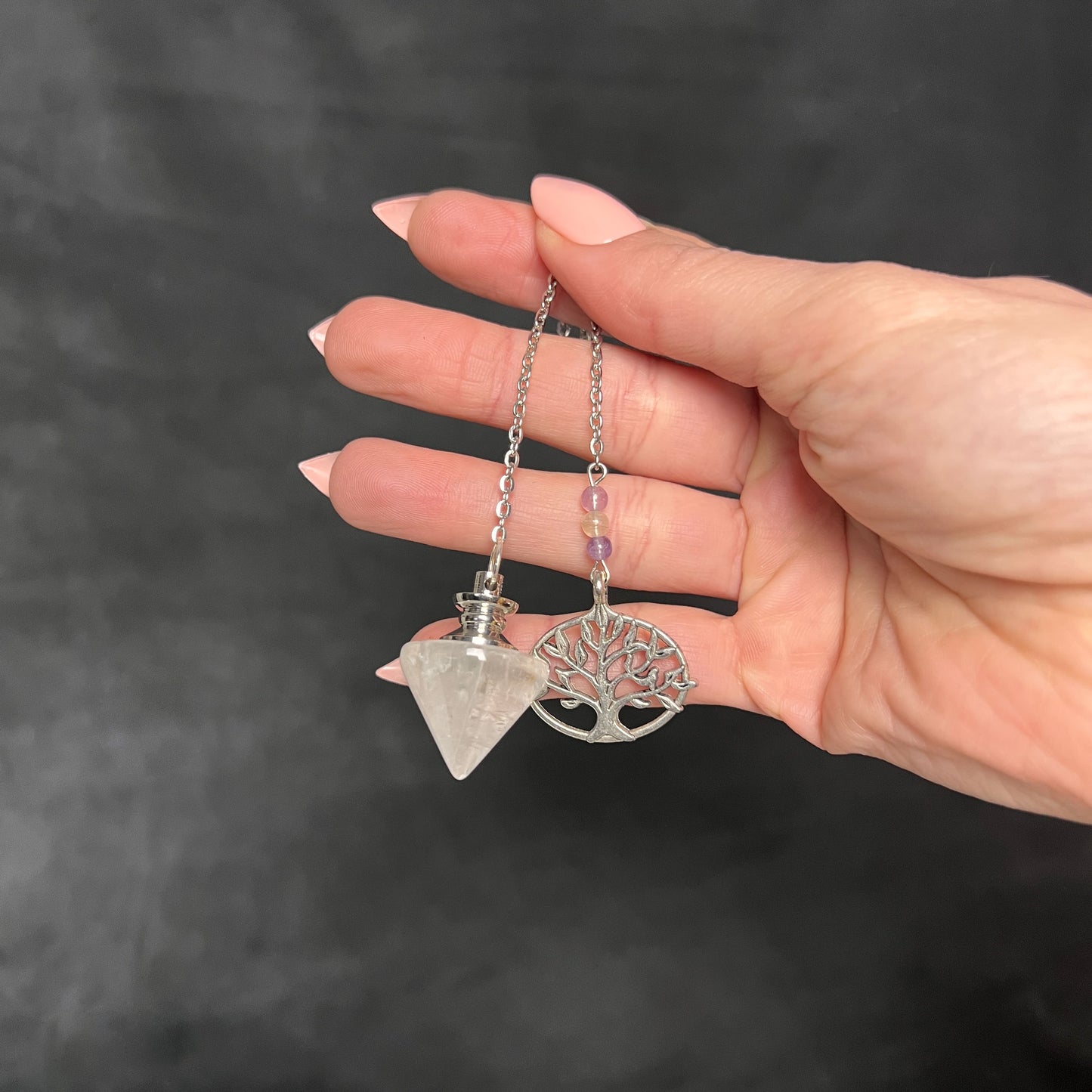 Clear quartz, fluorite and tree of life conical dowsing pendulum Baguette Magick
